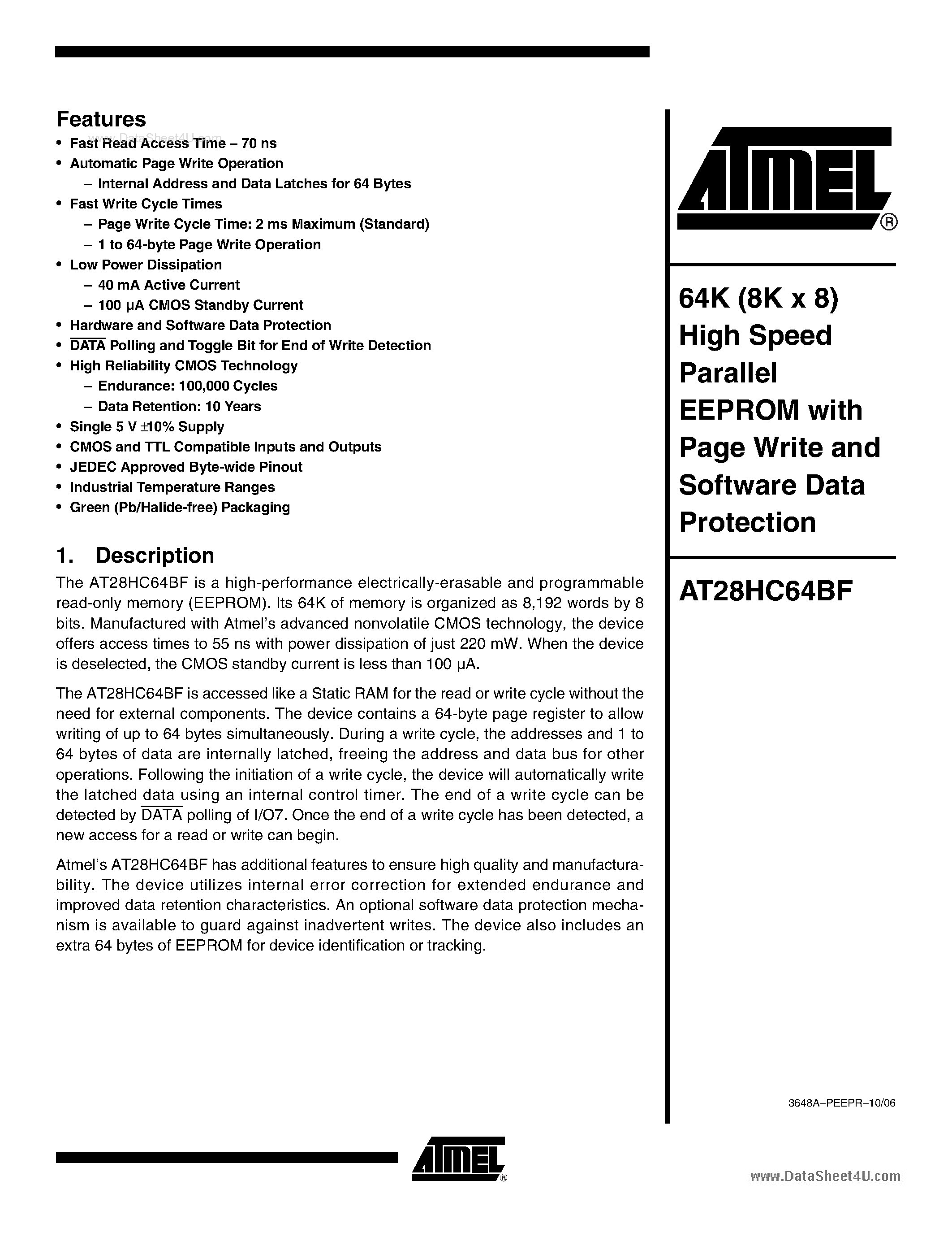 Даташит на микросхему AT28HC64BF страница 1 Даташит AT28HC64BF - 64K (8K x 8) High Speed Parallel EEPROM страница 1