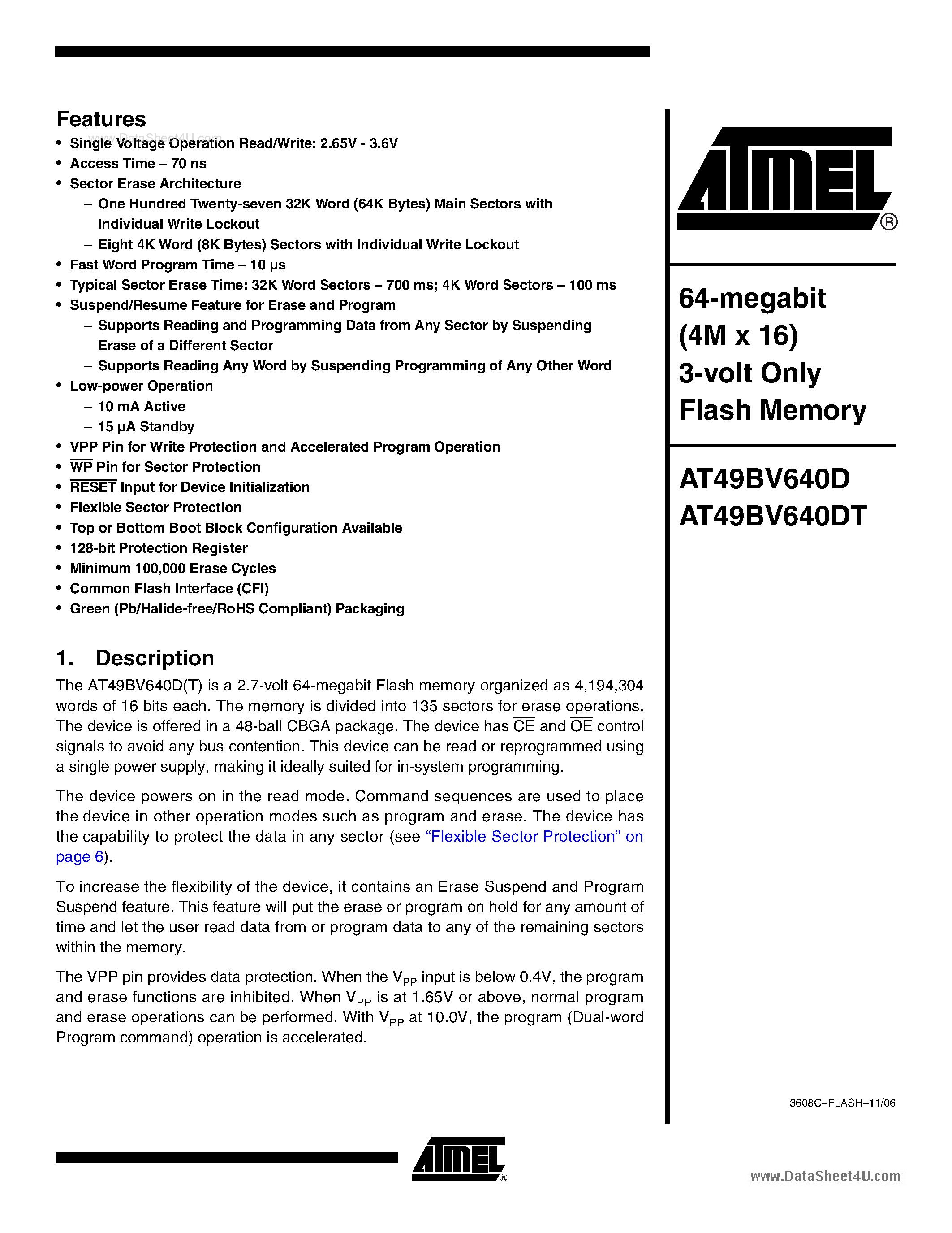 Datasheet AT49BV640D page 1 Datasheet AT49BV640D - 64-megabit (4M x 16) 3-volt Only Flash Memory page 1
