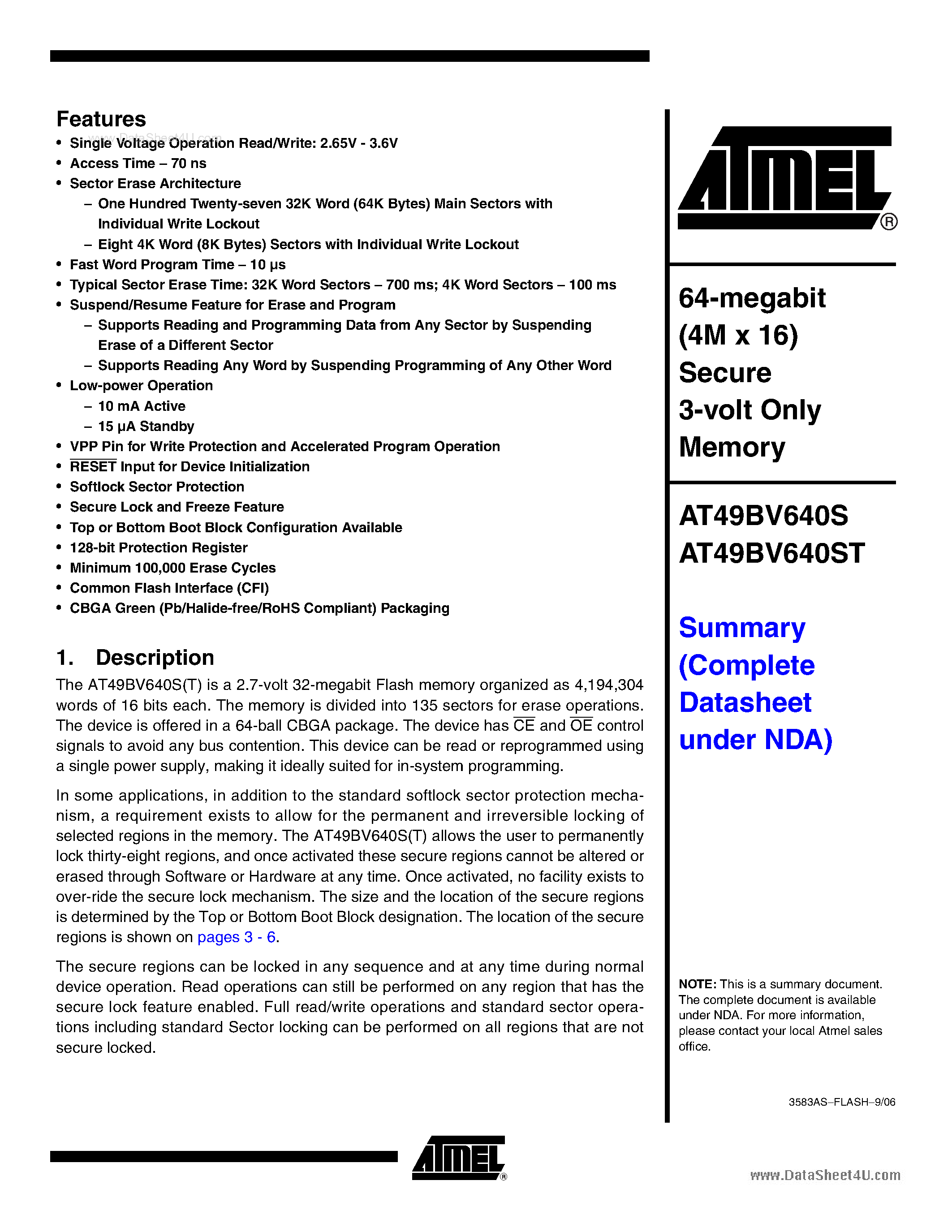 Datasheet AT49BV640S page 1 Datasheet AT49BV640S - 64-megabit (4M x 16) Secure 3-volt Only Memory page 1