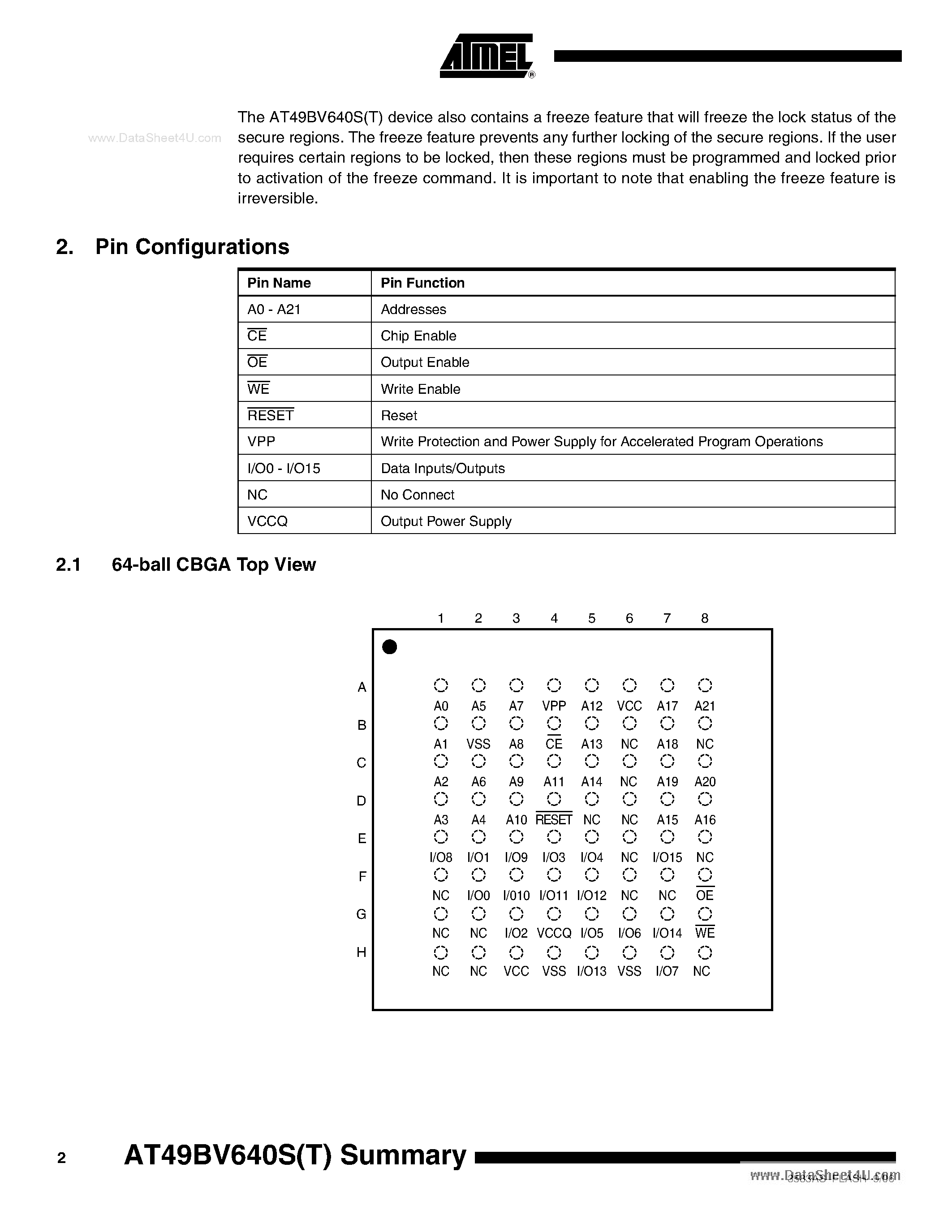 Datasheet AT49BV640S page 2 Datasheet AT49BV640S - 64-megabit (4M x 16) Secure 3-volt Only Memory page 2