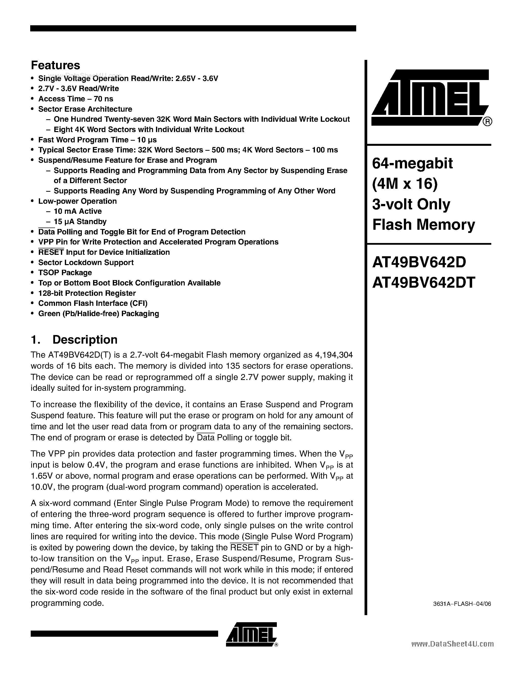 Datasheet AT49BV642D page 1 Datasheet AT49BV642D - 64-megabit (4M x 16) 3-volt Only Flash Memory page 1