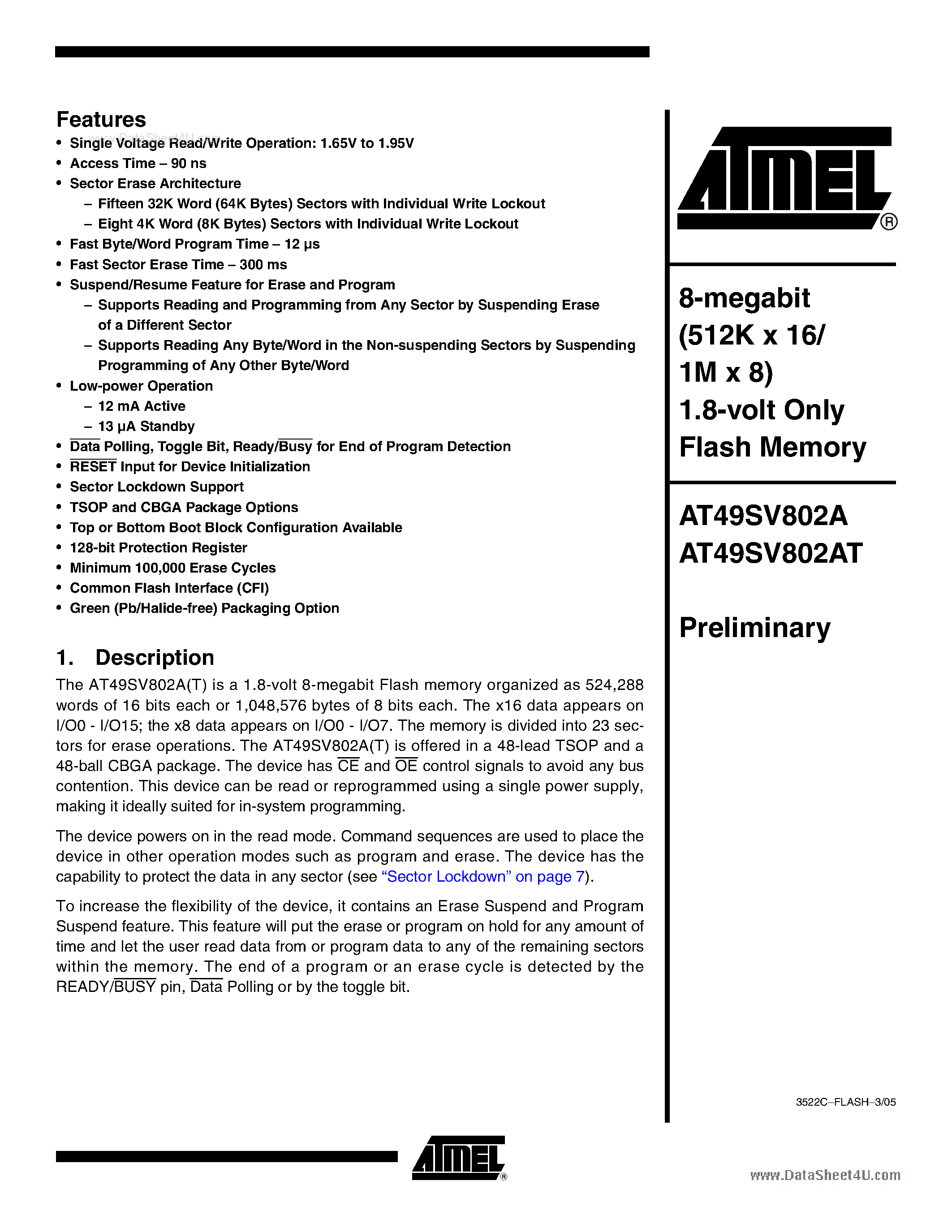 Datasheet AT49SV802A - 8-megabit 1.8-volt Only Flash Memory page 1