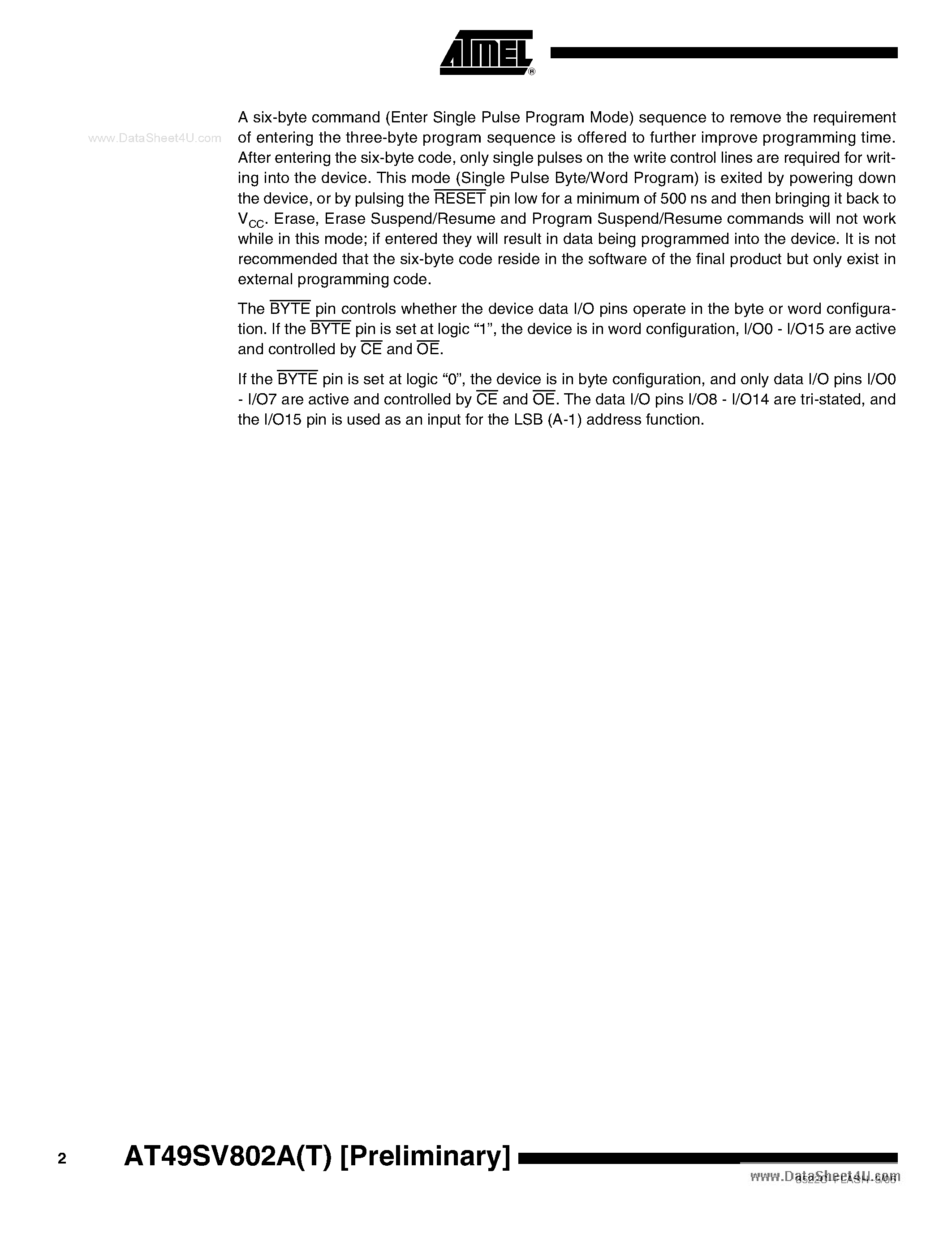 Datasheet AT49SV802A - 8-megabit 1.8-volt Only Flash Memory page 2