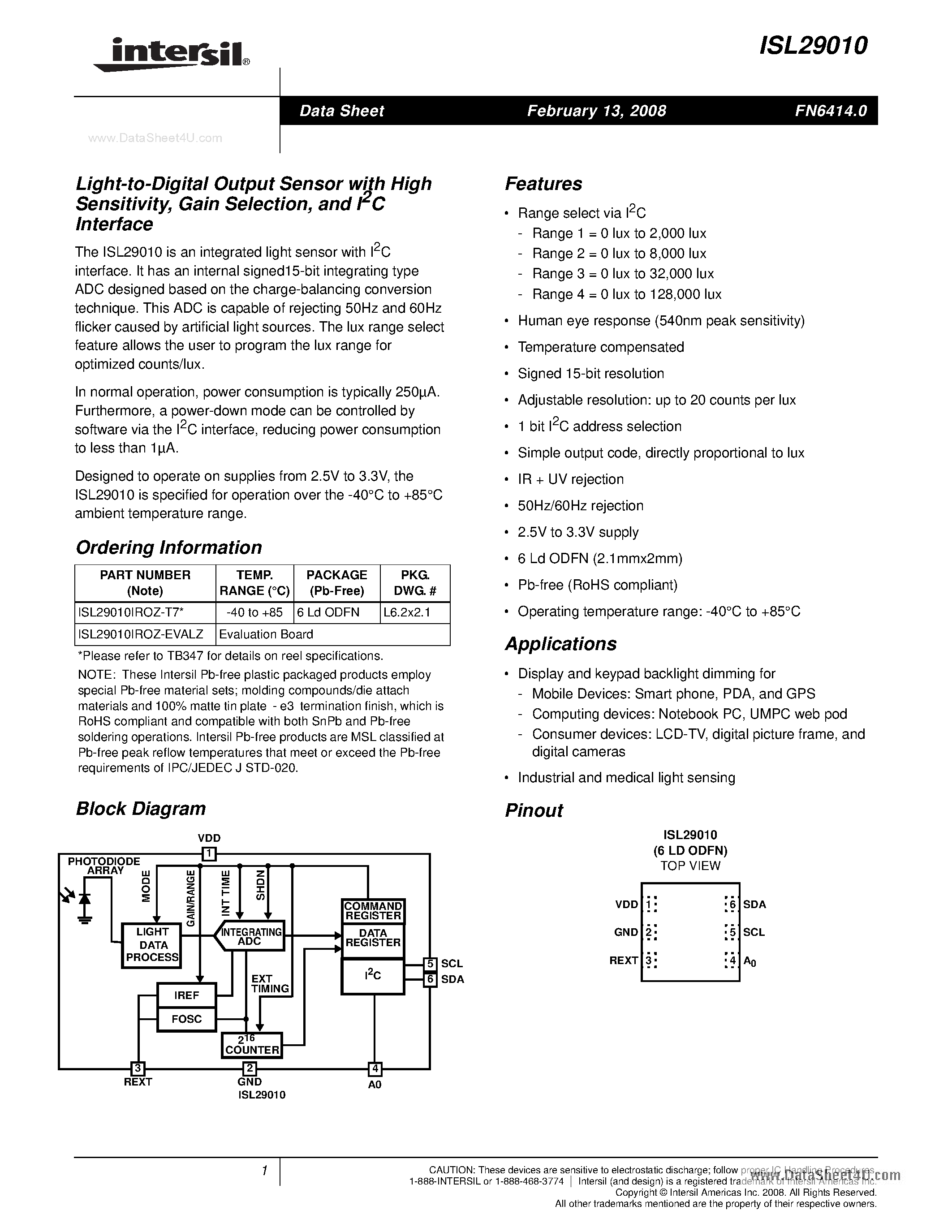 Даташит ISL29010 - Light-to-Digital Output Sensor страница 1