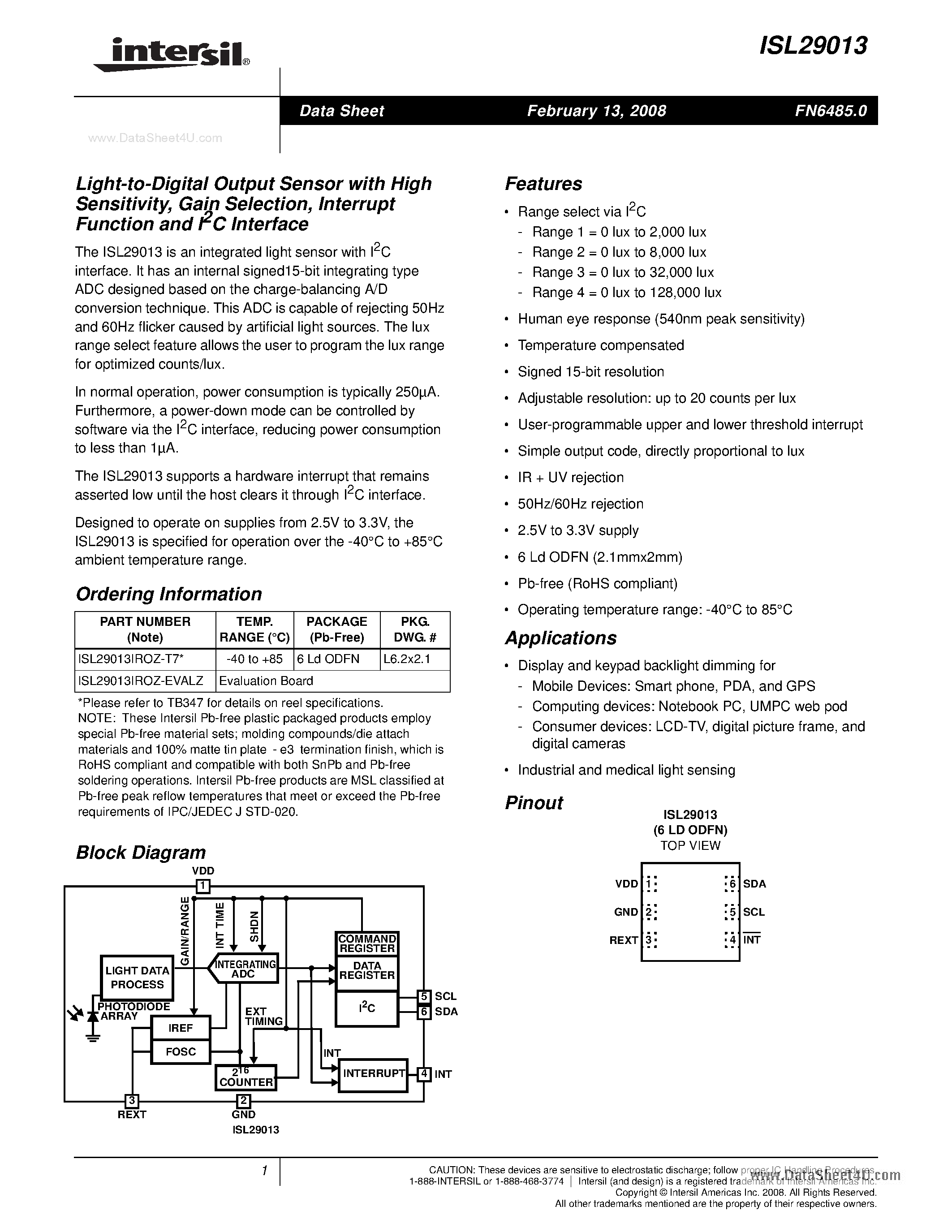 Даташит ISL29013 - Light-to-Digital Output Sensor страница 1