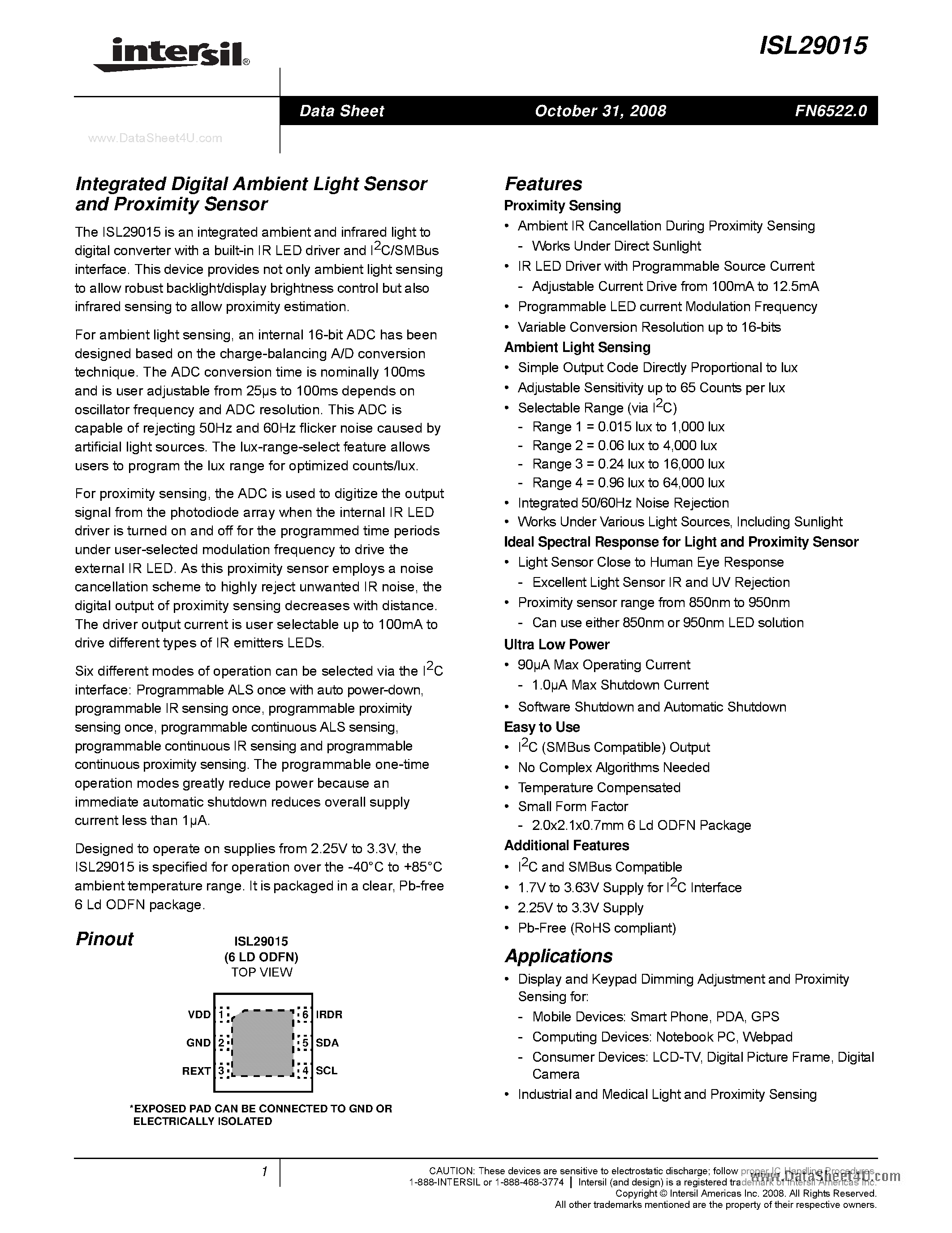 Даташит ISL29015 - Integrated Digital Ambient Light Sensor and Proximity Sensor страница 1