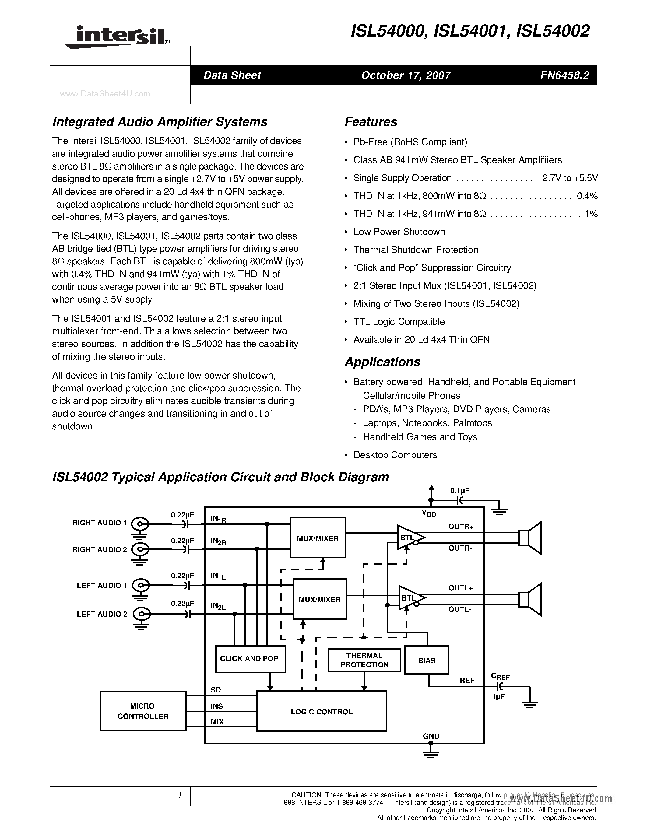 Datasheet ISL54000 page 1 Datasheet ISL54000 - (ISL54000 - ISL54002) Integrated Audio Amplifier Systems page 1