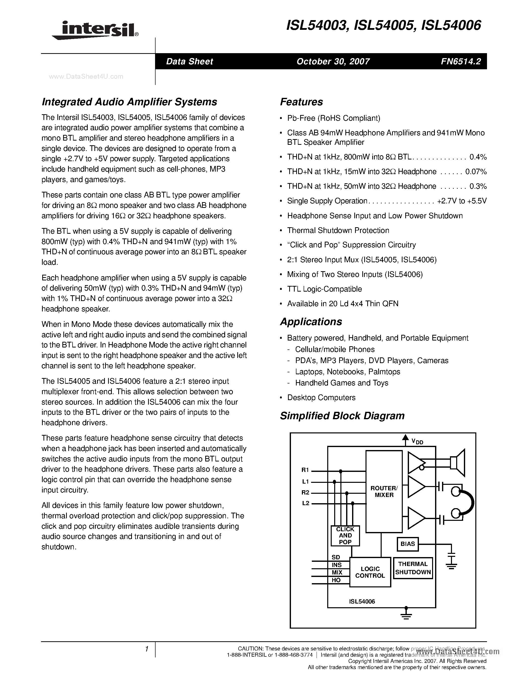 Datasheet ISL54003 page 1 Datasheet ISL54003 - (ISL54003 - ISL54006) Integrated Audio Amplifier Systems page 1