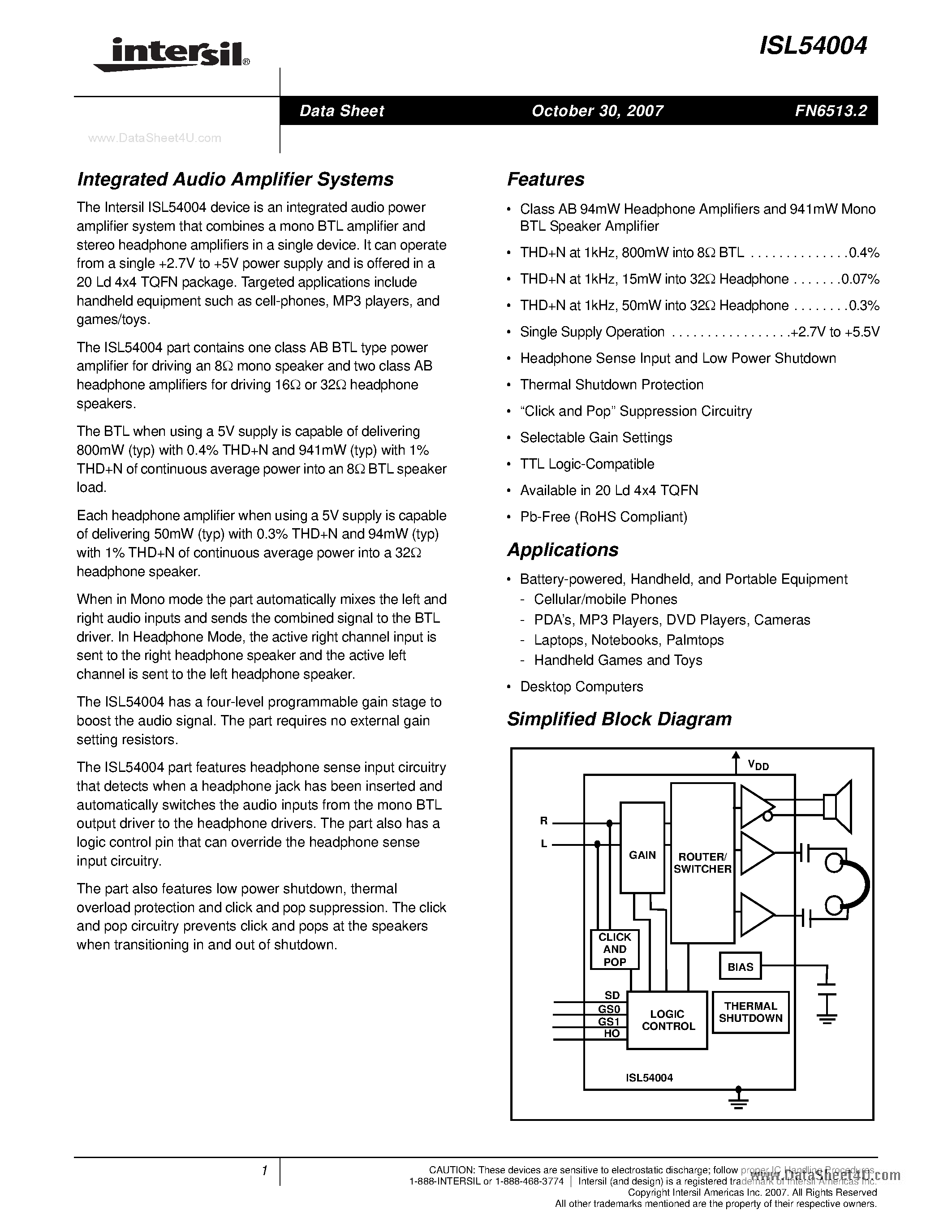Datasheet ISL54004 - Integrated Audio Amplifier Systems page 1