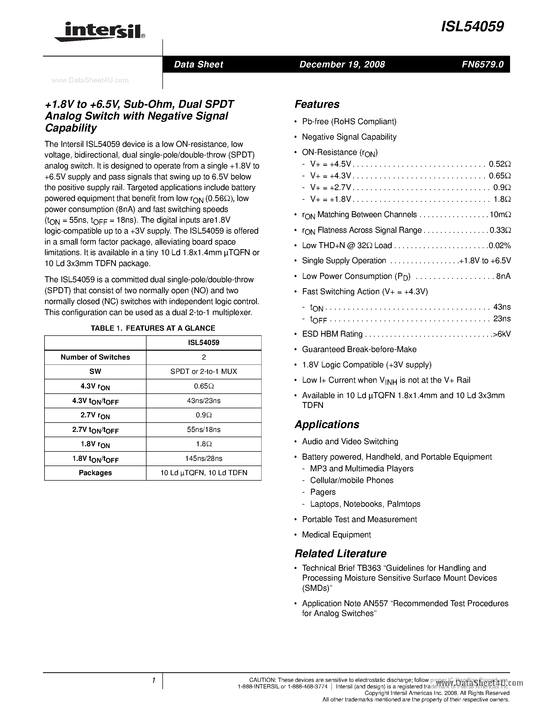 Datasheet ISL54059 - Dual SPDT Analog Switch page 1