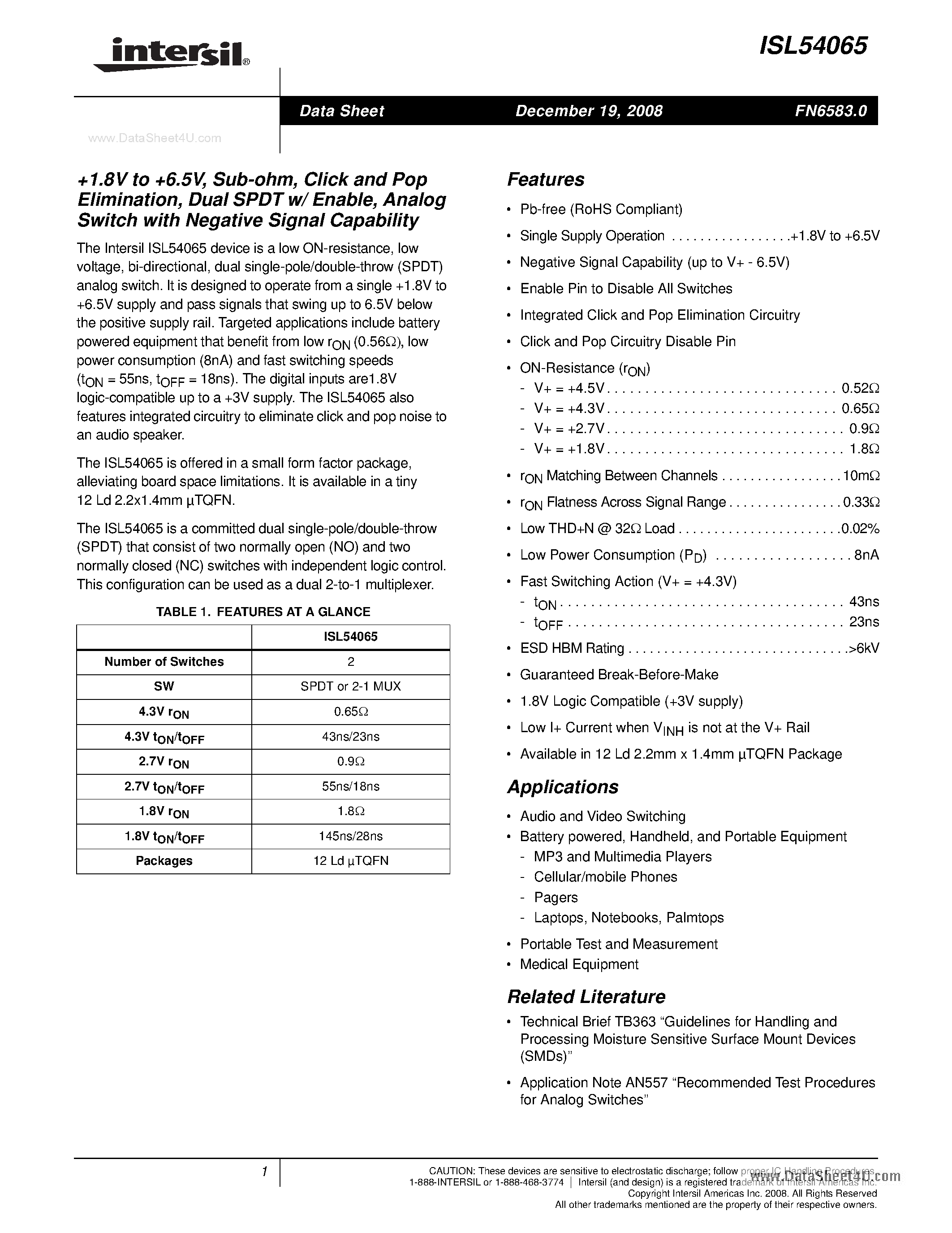 Datasheet ISL54065 - Analog Switch page 1