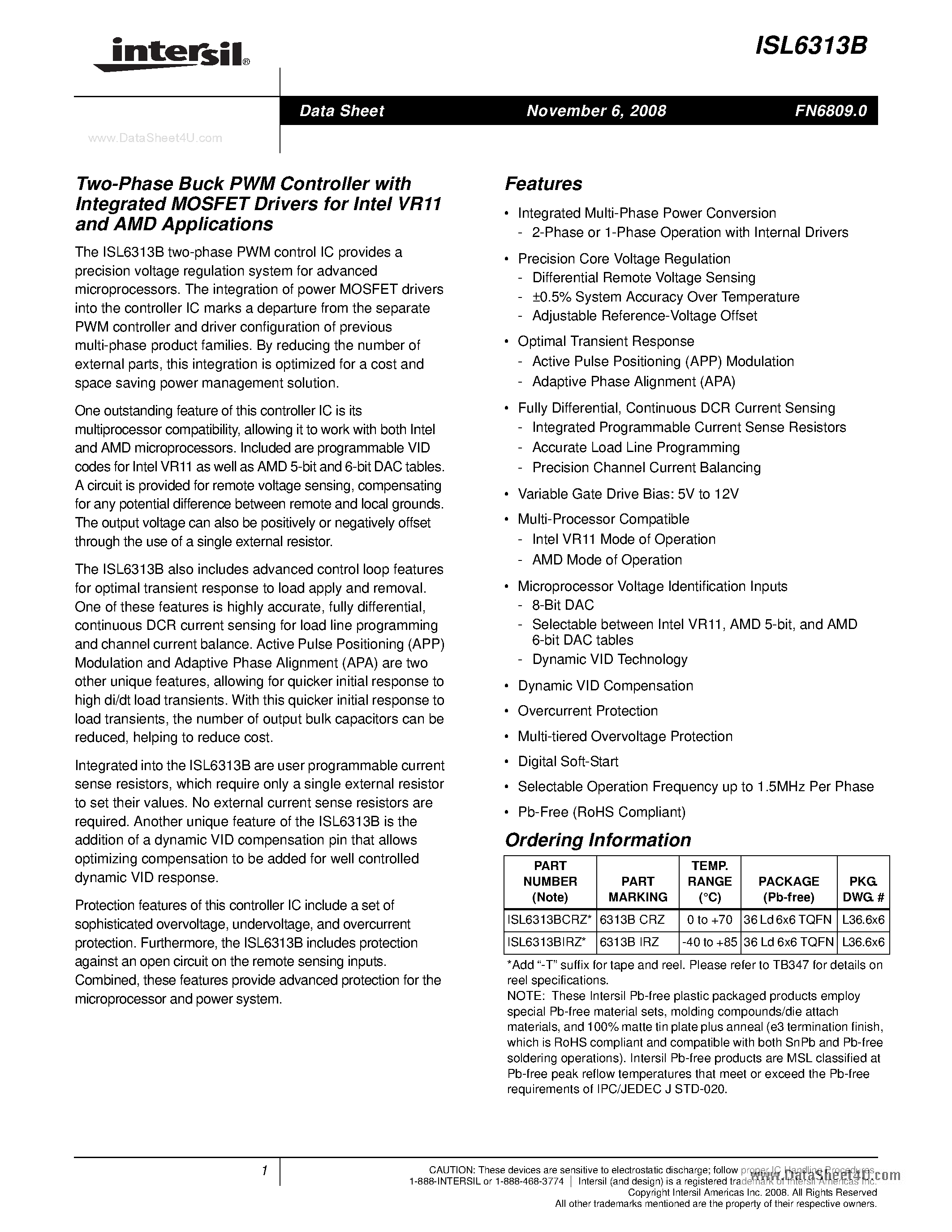 Datasheet ISL6313B - Two-Phase Buck PWM Controller page 1