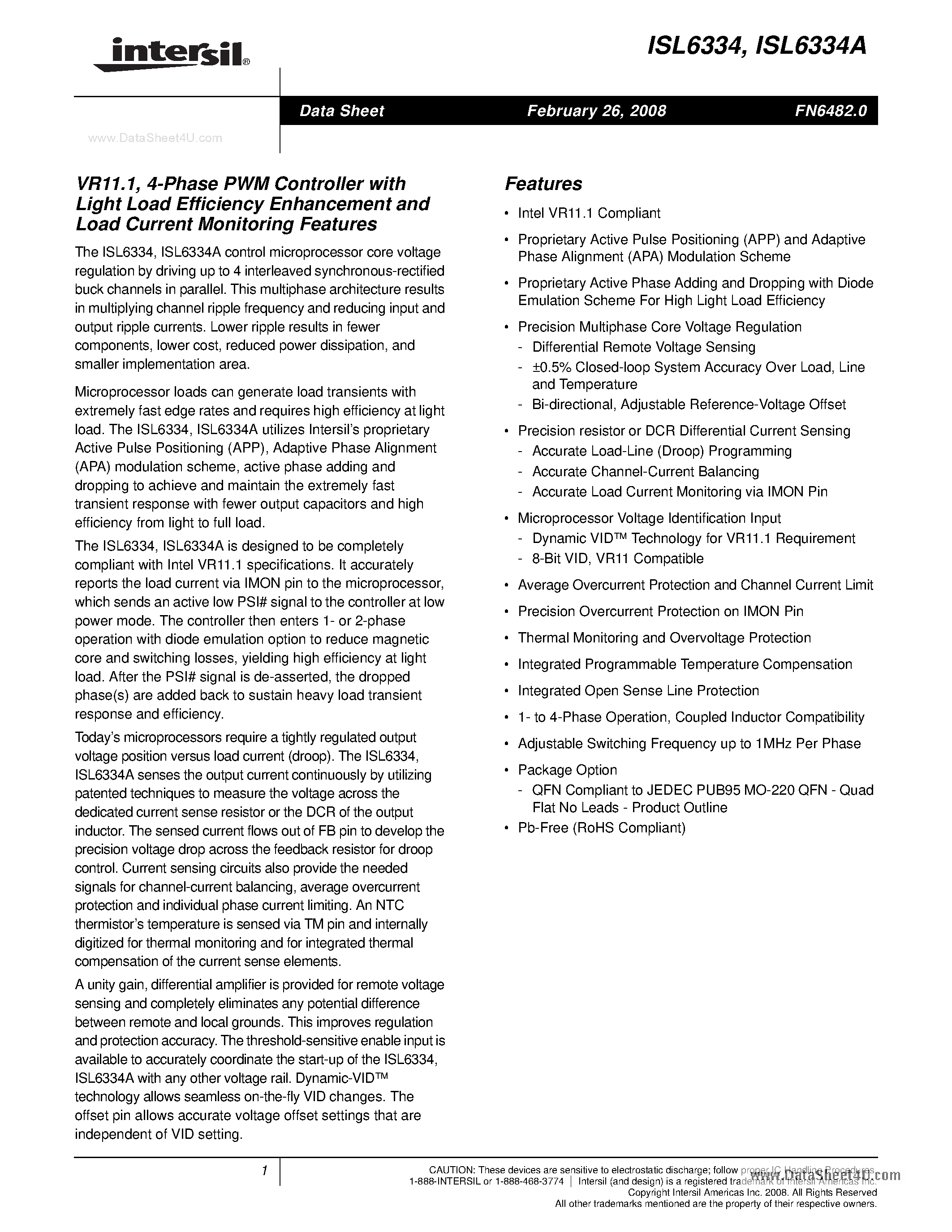 Даташит ISL6334 - 4-Phase PWM Controller страница 1
