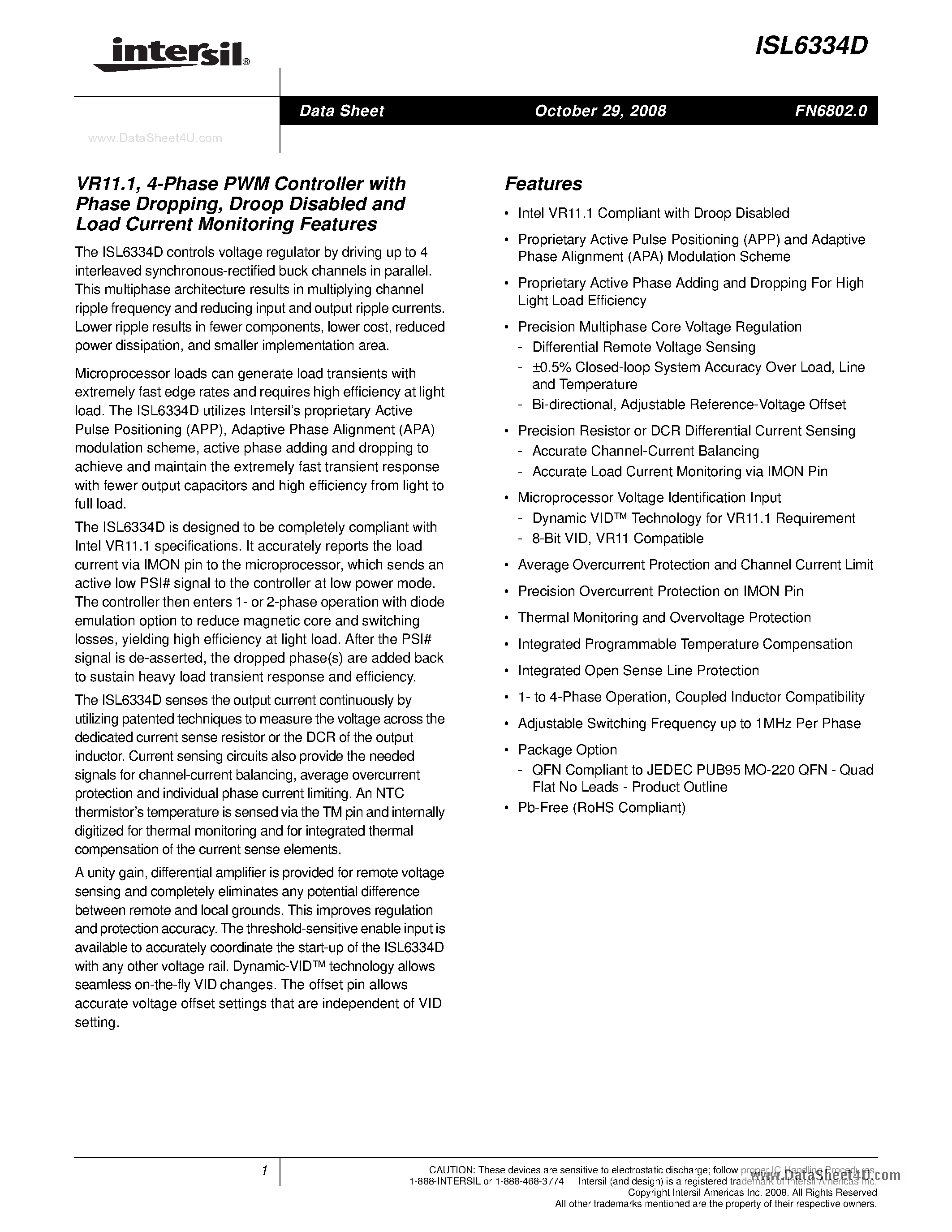 Даташит ISL6334D - 4-Phase PWM Controller страница 1