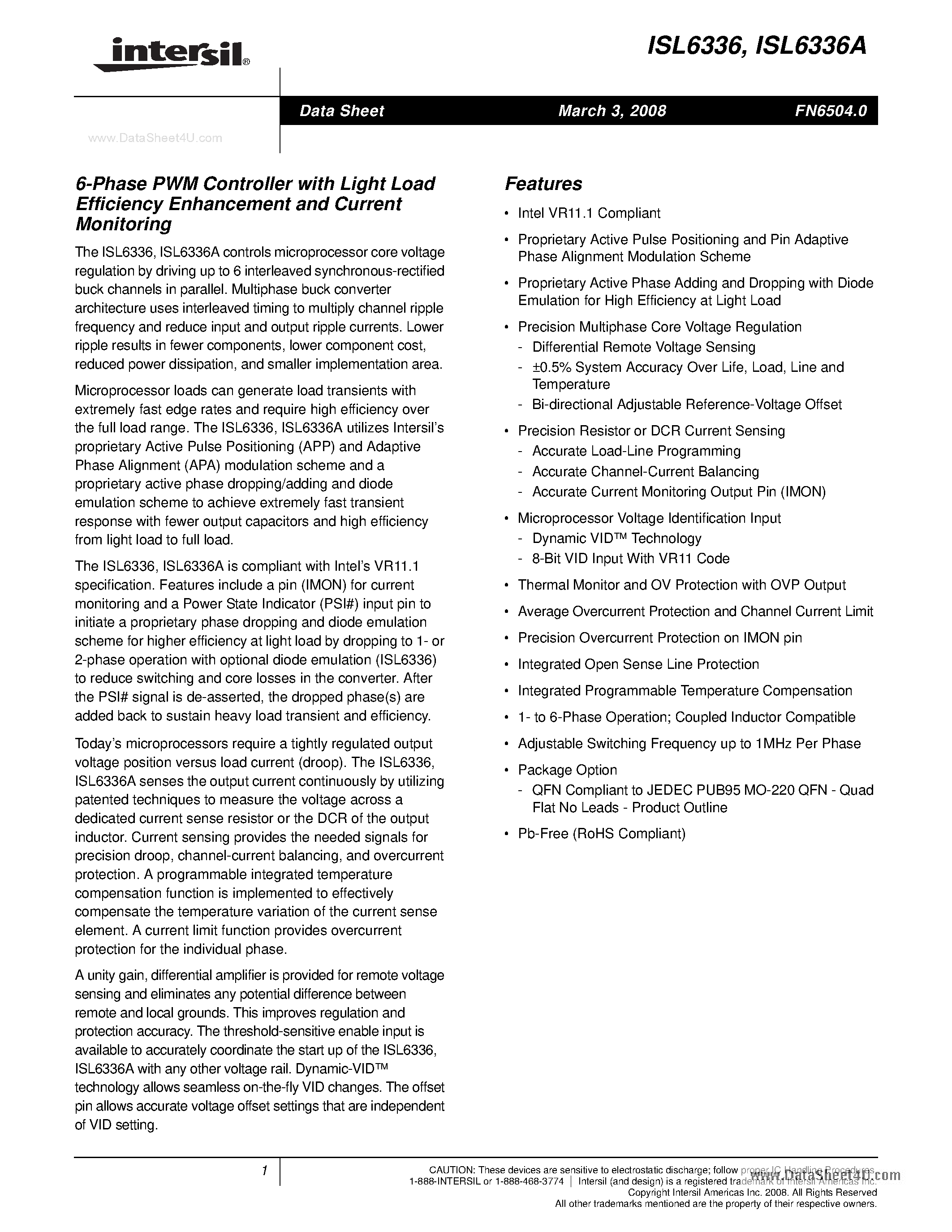 Datasheet ISL6336 page 1 Datasheet ISL6336 - 6-Phase PWM Controller page 1