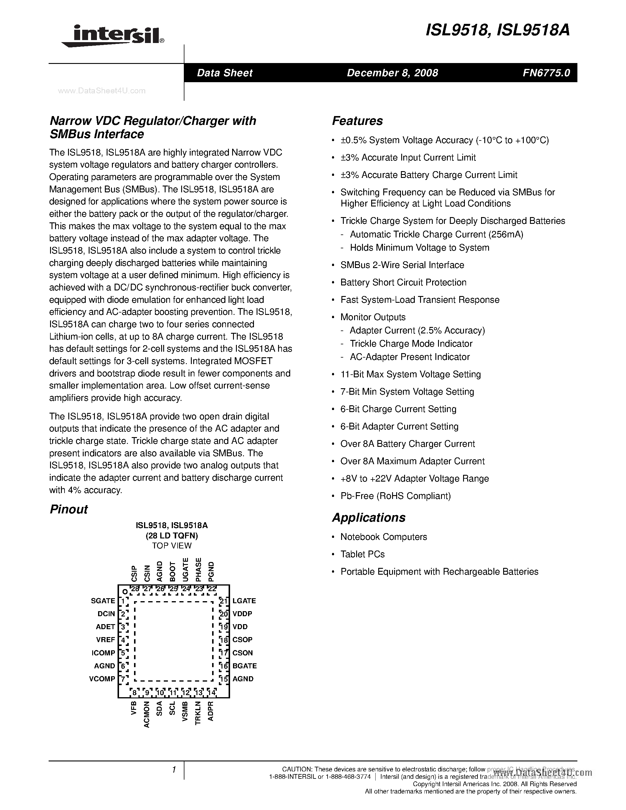 Datasheet ISL9518 page 1 Datasheet ISL9518 - Narrow VDC Regulator/Charger page 1