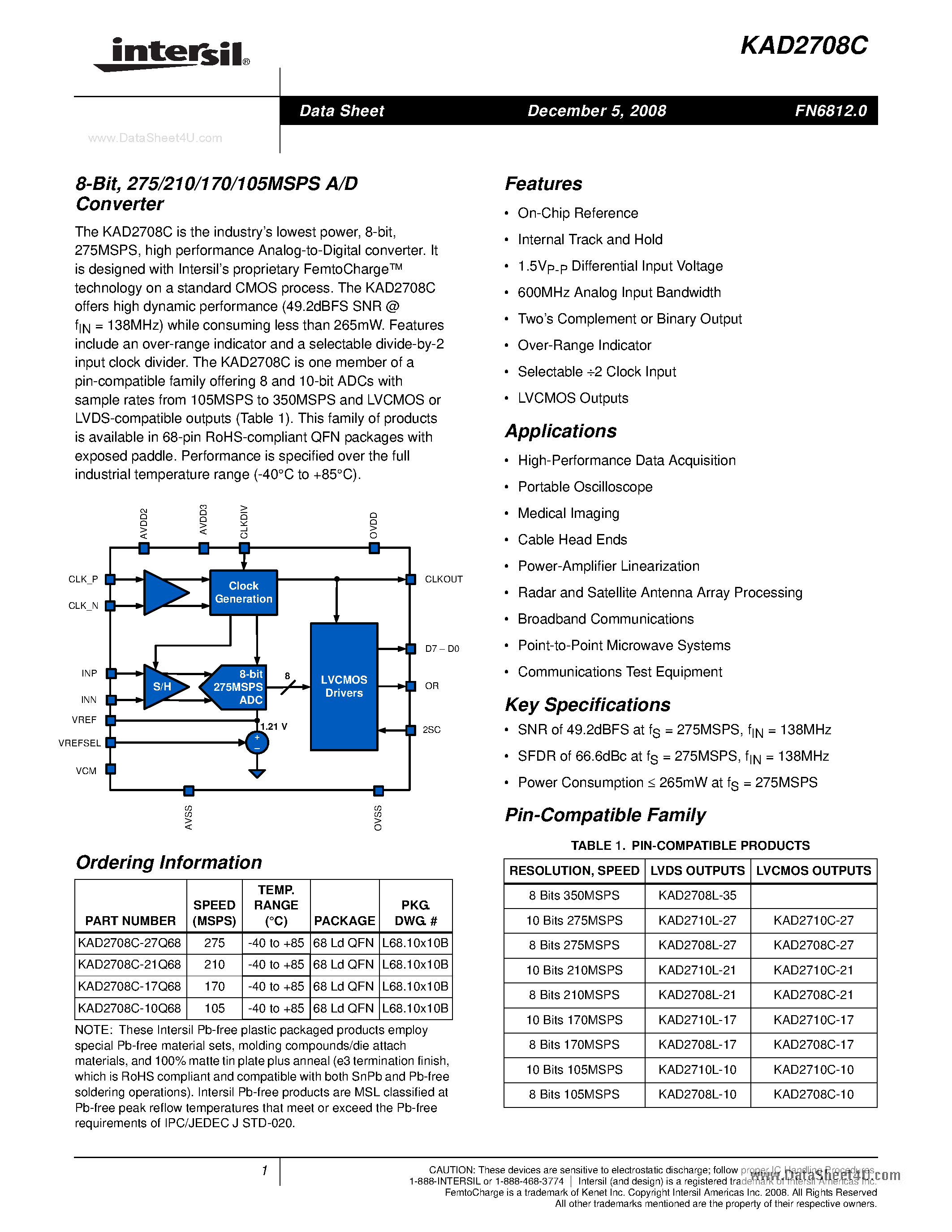 Datasheet KAD2708C - 275/210/170/105MSPS A/D Converter page 1