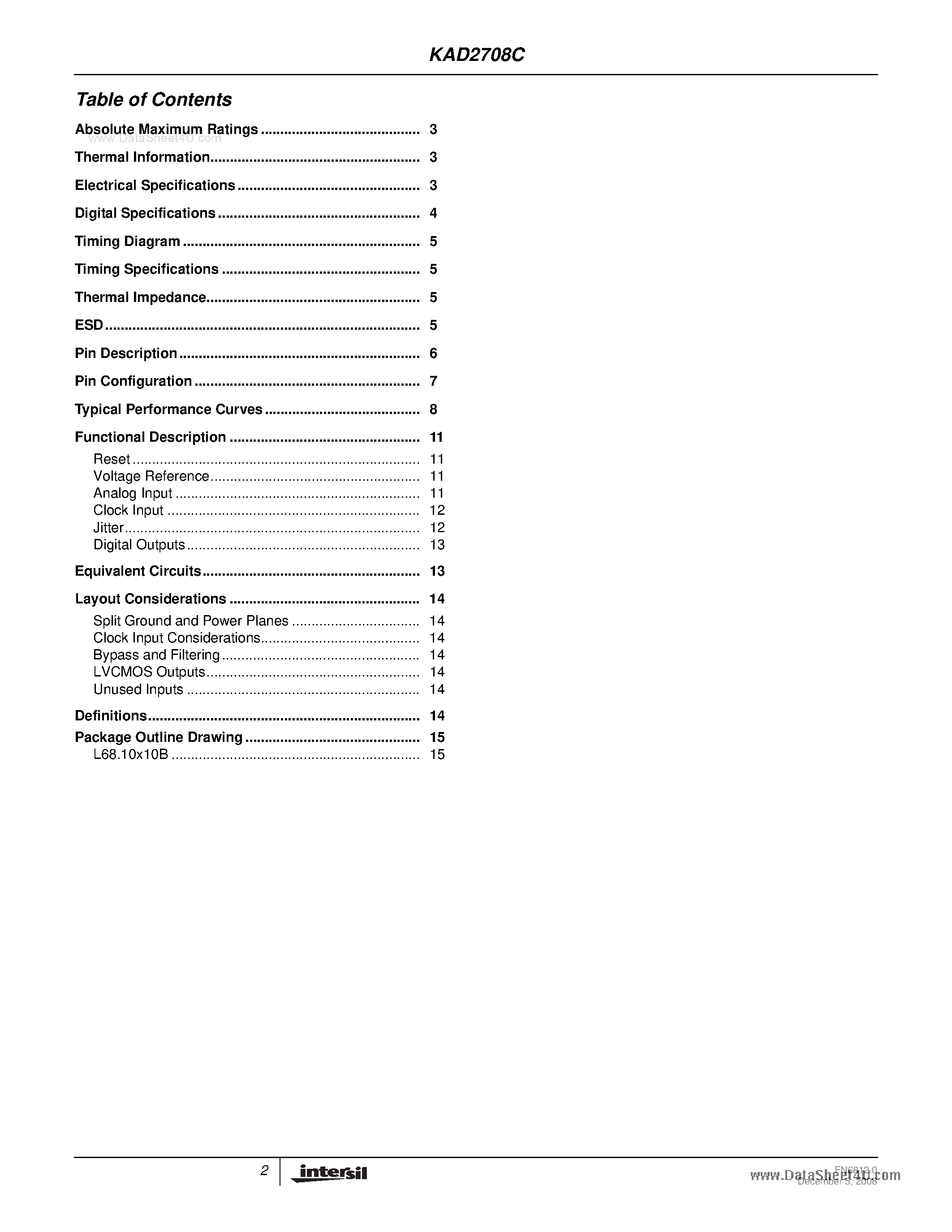 Datasheet KAD2708C - 275/210/170/105MSPS A/D Converter page 2