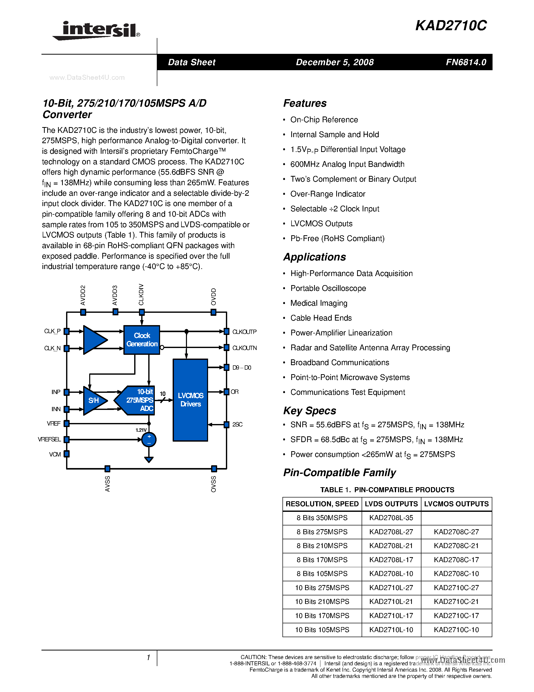 Datasheet KAD2710C - 275/210/170/105MSPS A/D Converter page 1