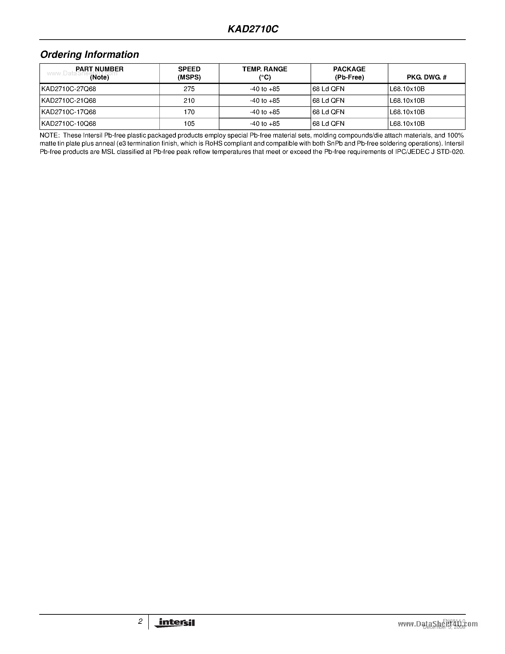 Datasheet KAD2710C - 275/210/170/105MSPS A/D Converter page 2