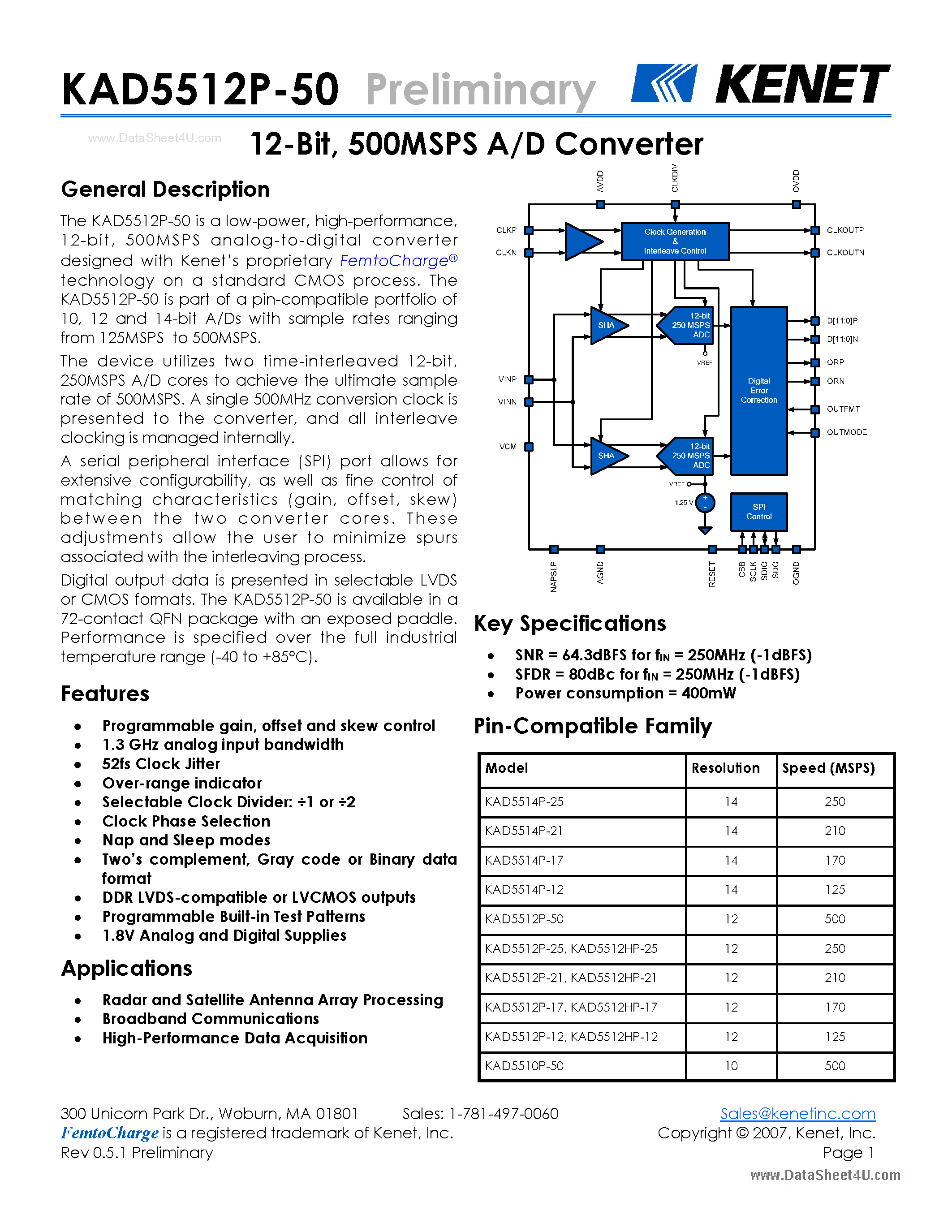 Datasheet KAD5512P-50 - 500MSPS A/D Converter page 1