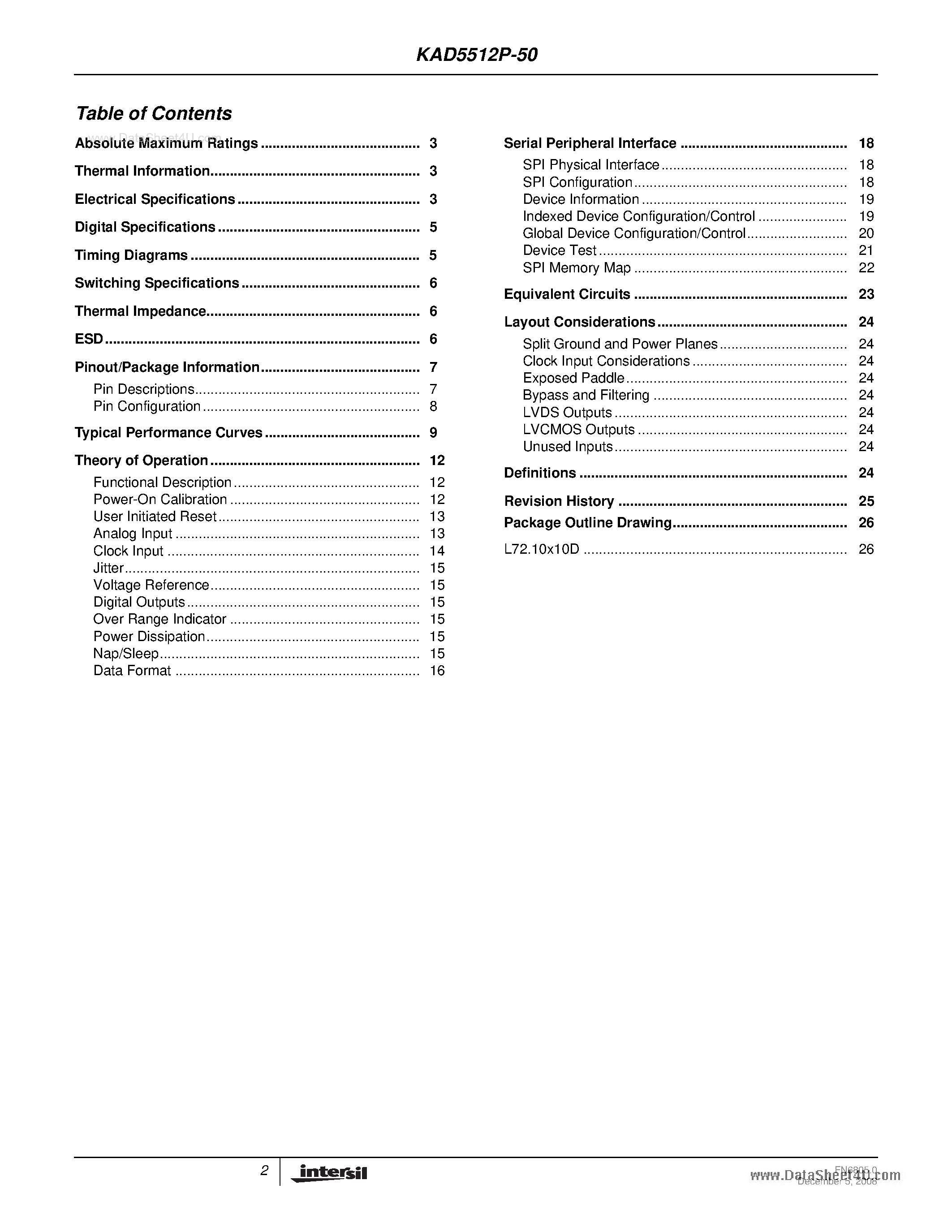 Datasheet KAD5512P-50 - 500MSPS A/D Converter page 2