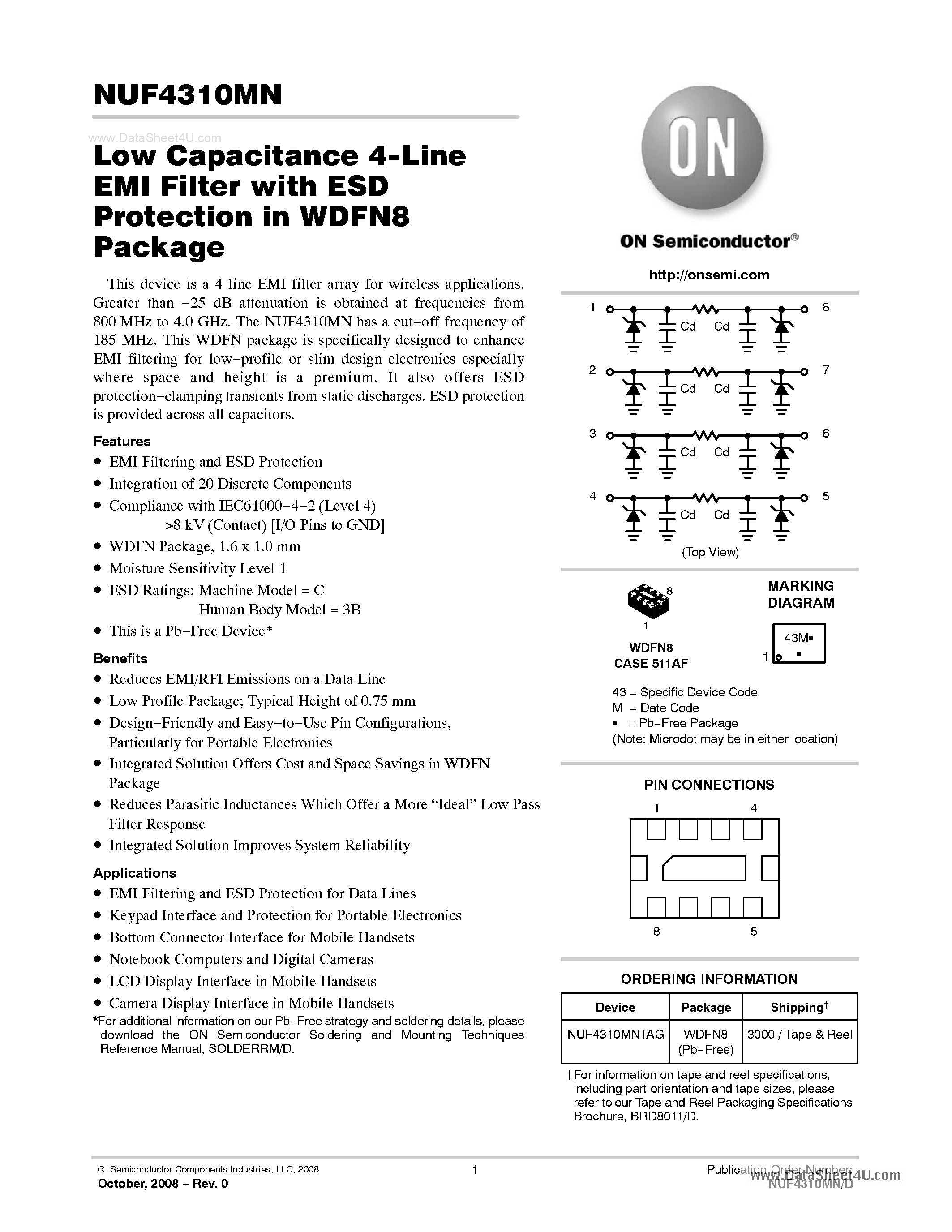 Datasheet NUF4310MN - Low Capacitance 4-Line EMI Filter page 1