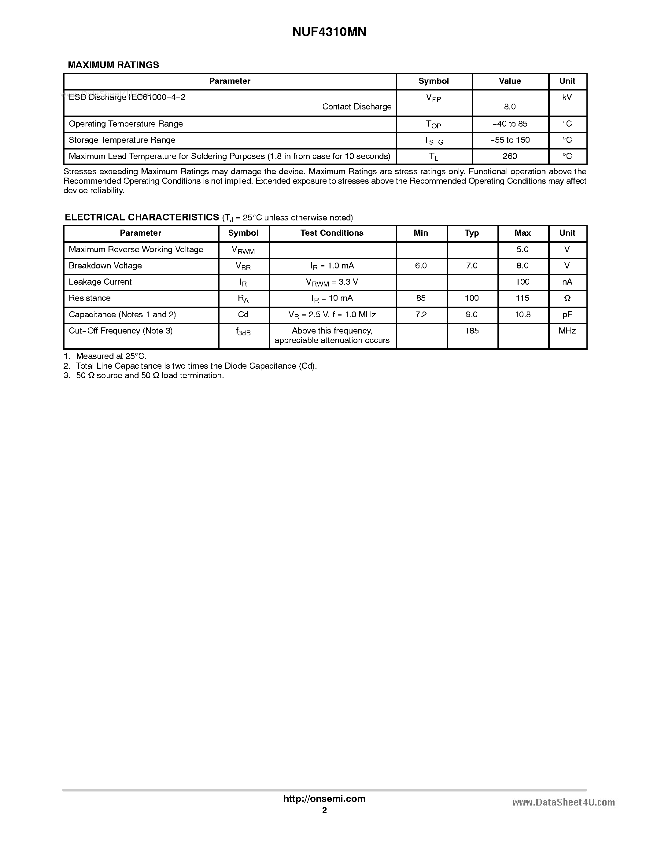 Datasheet NUF4310MN - Low Capacitance 4-Line EMI Filter page 2