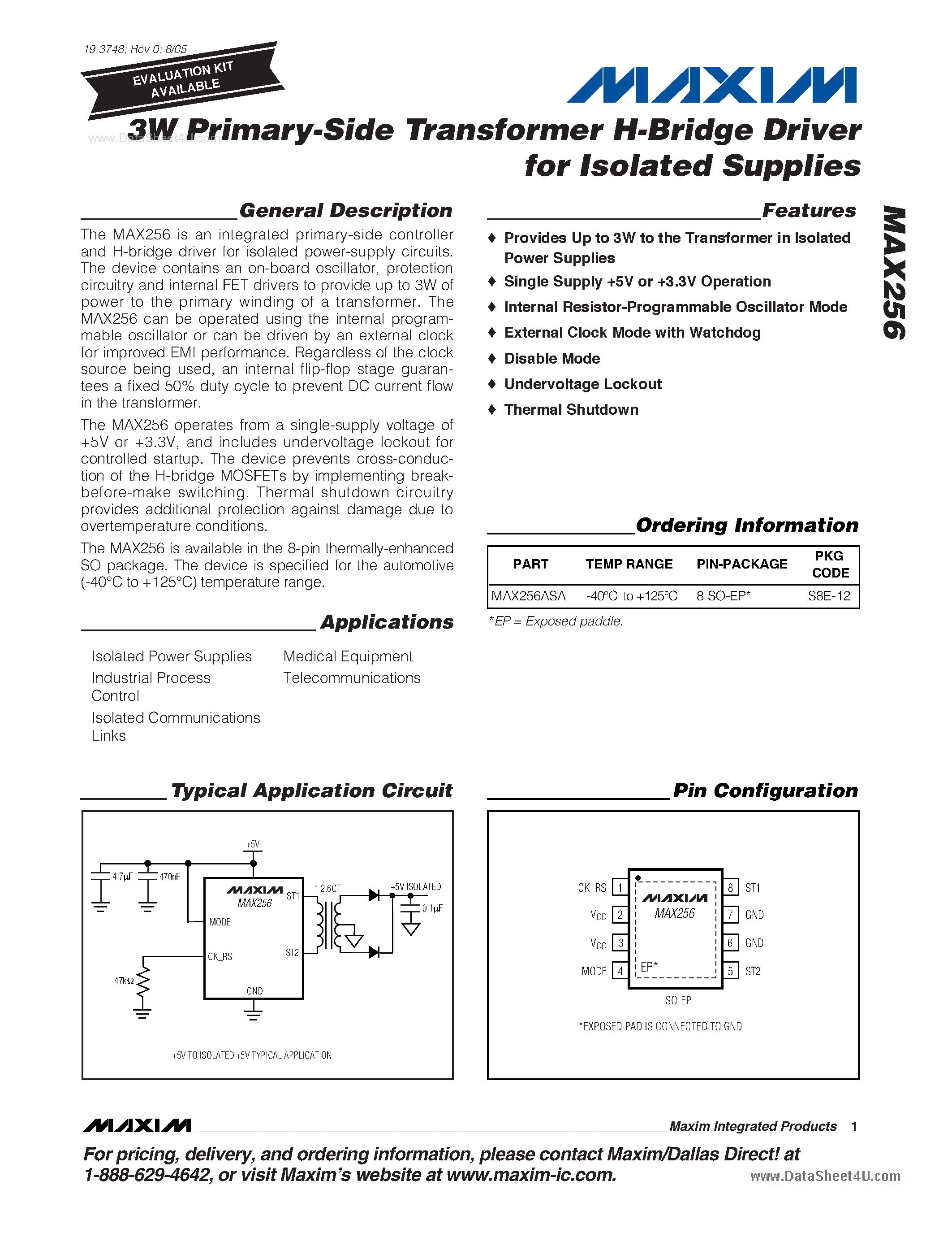 Datasheet MAX256 page 1 Datasheet MAX256 - 3W Primary-Side Transformer H-Bridge Driver page 1
