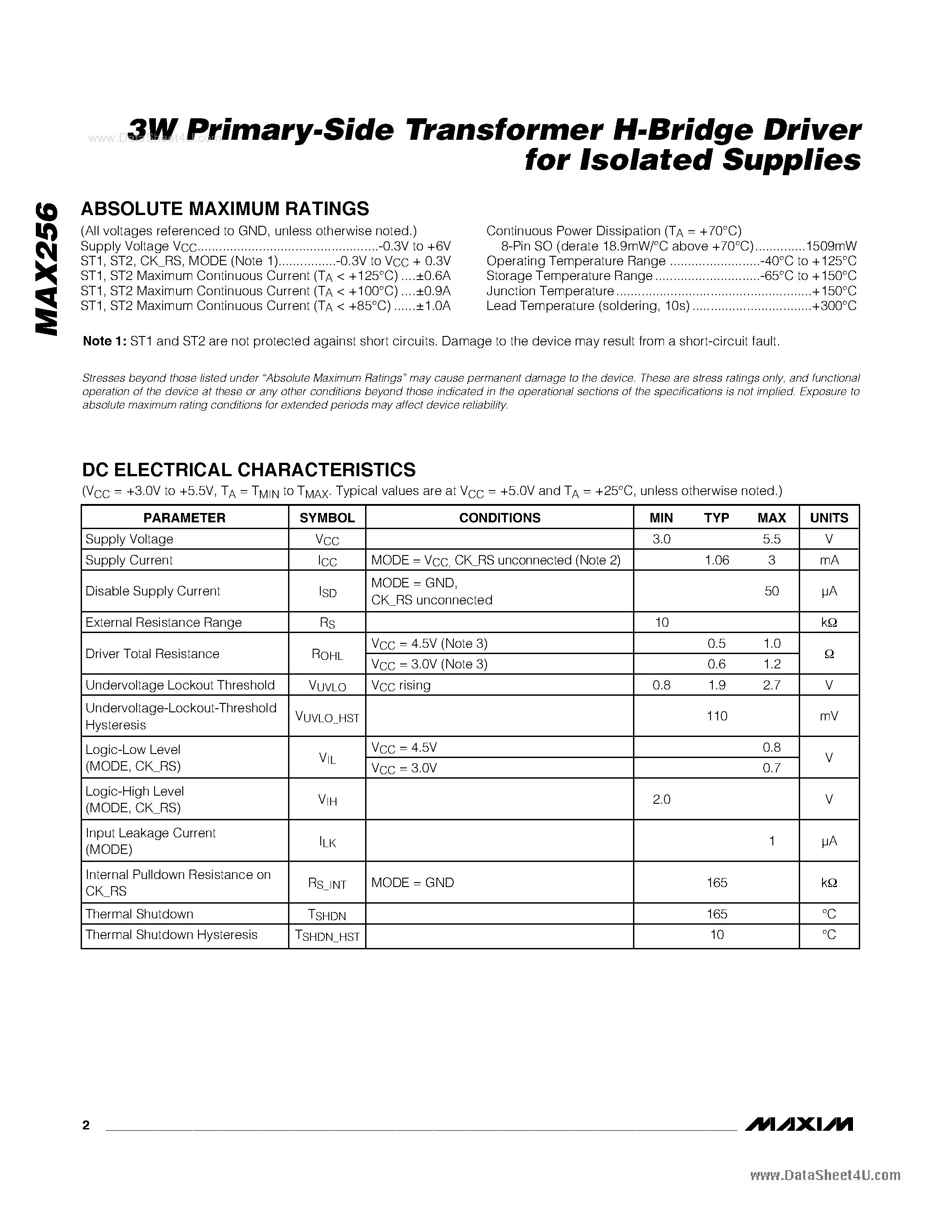 Datasheet MAX256 page 2 Datasheet MAX256 - 3W Primary-Side Transformer H-Bridge Driver page 2
