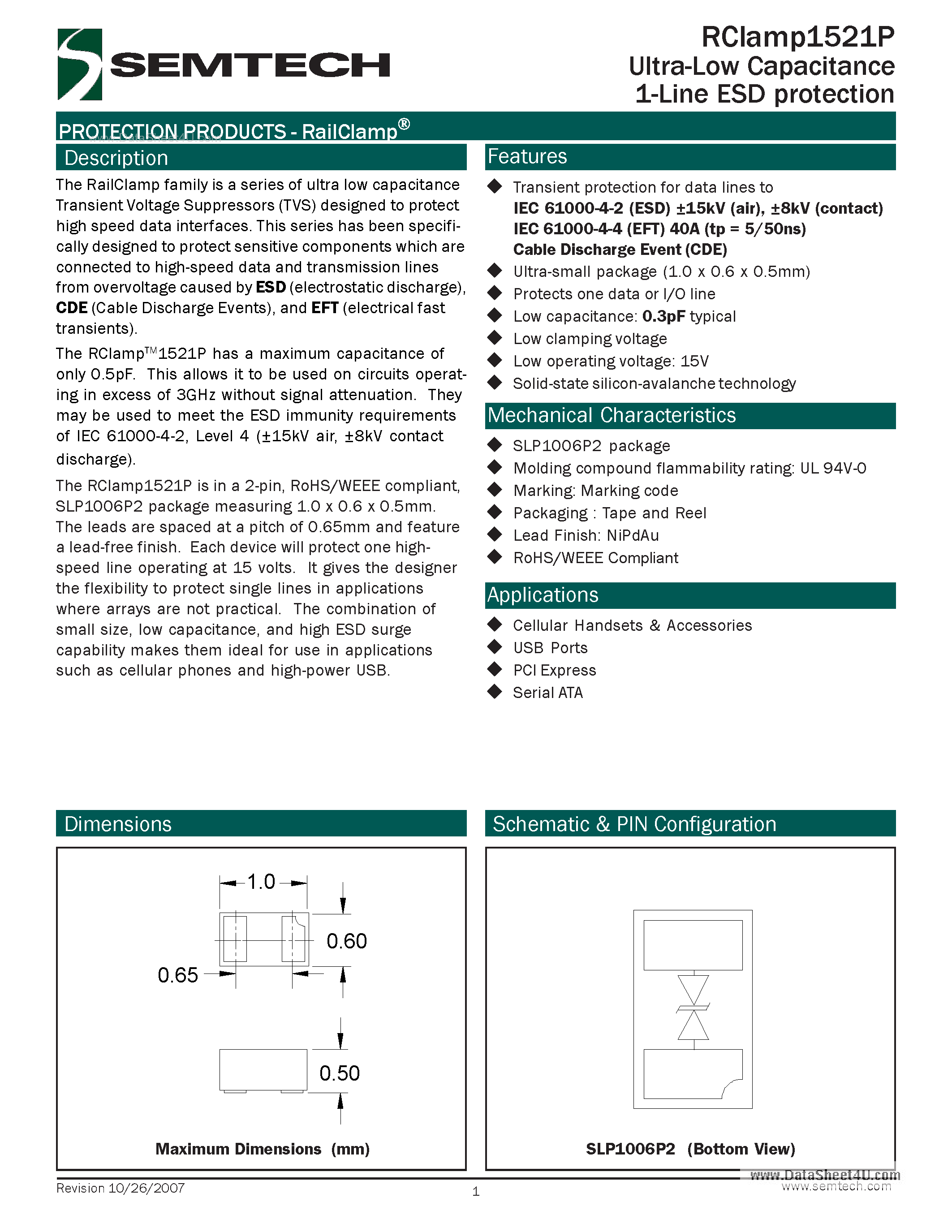 Datasheet RCLAMP1521P - Ultra-Low Capacitance 1-Line ESD protection page 1