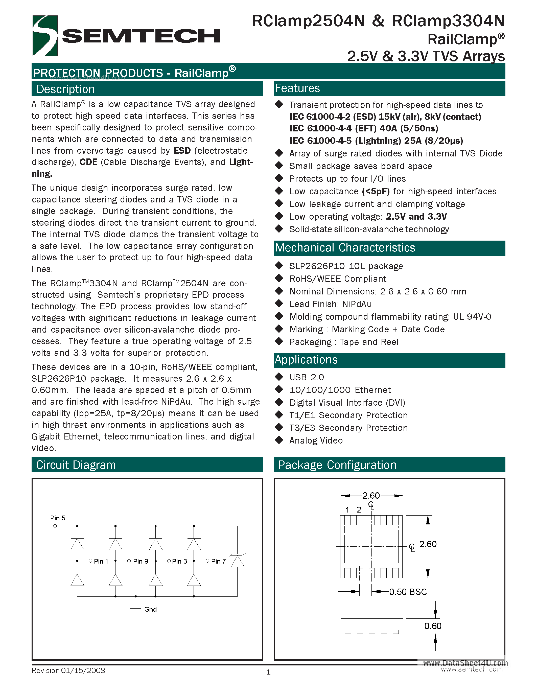 Datasheet RCLAMP2504N - 2.5V & 3.3V TVS Arrays page 1