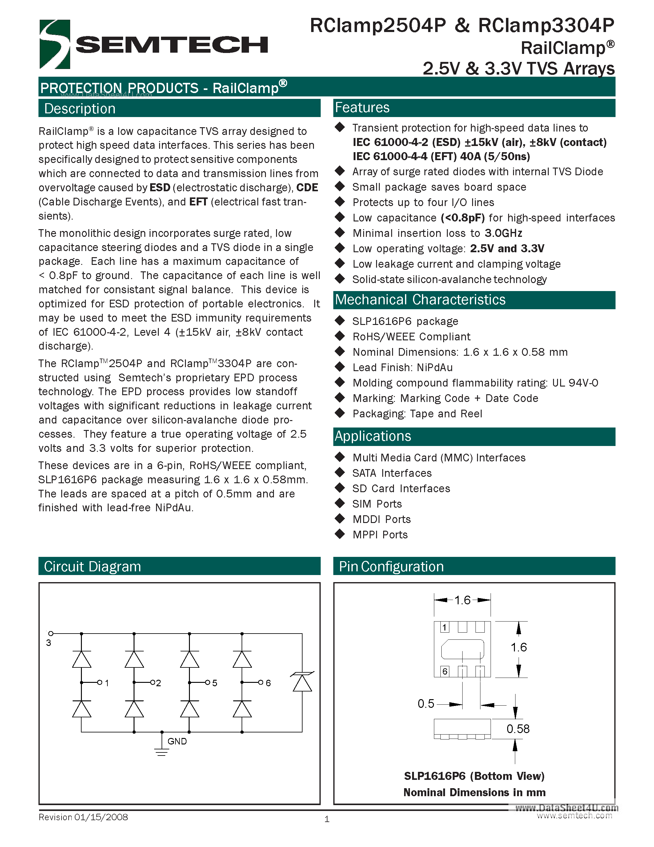 Datasheet RCLAMP2504P - (RCLAMP2504P / RCLAMP3304P) 2.5V & 3.3V TVS Arrays page 1