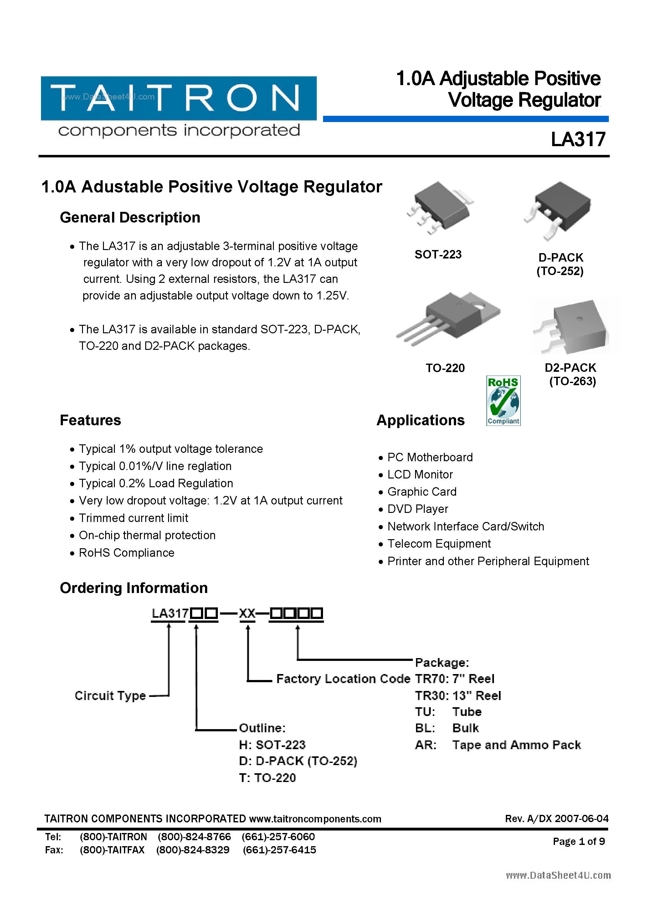 Даташит на микросхему LA317 страница 1 Даташит LA317 - 1.0A Adustable Positive Voltage Regulator страница 1