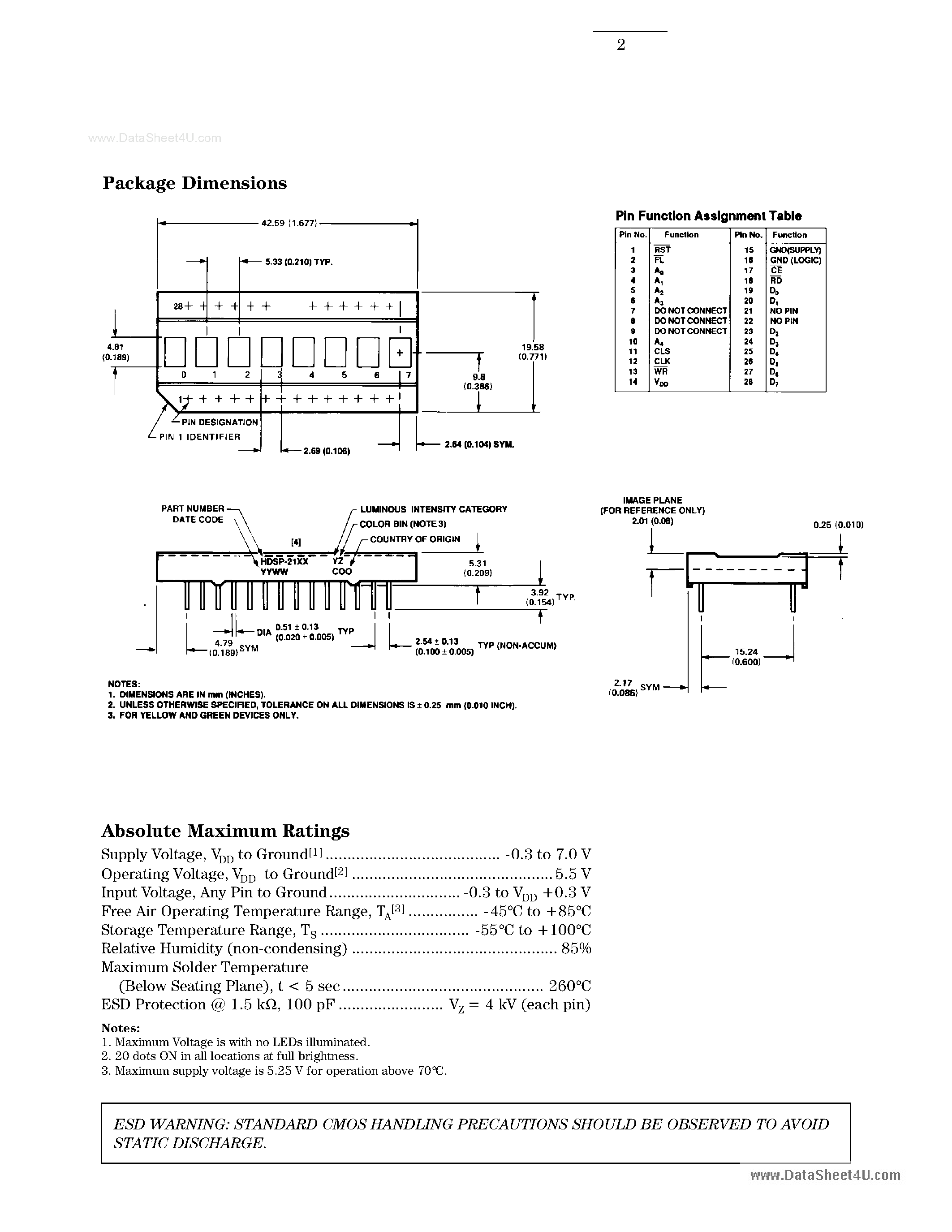 Datasheet HDSP-210X - (HDSP-2xxX) Eight Character 5 mm and 7 mm Smart Alphanumeric Displays page 2