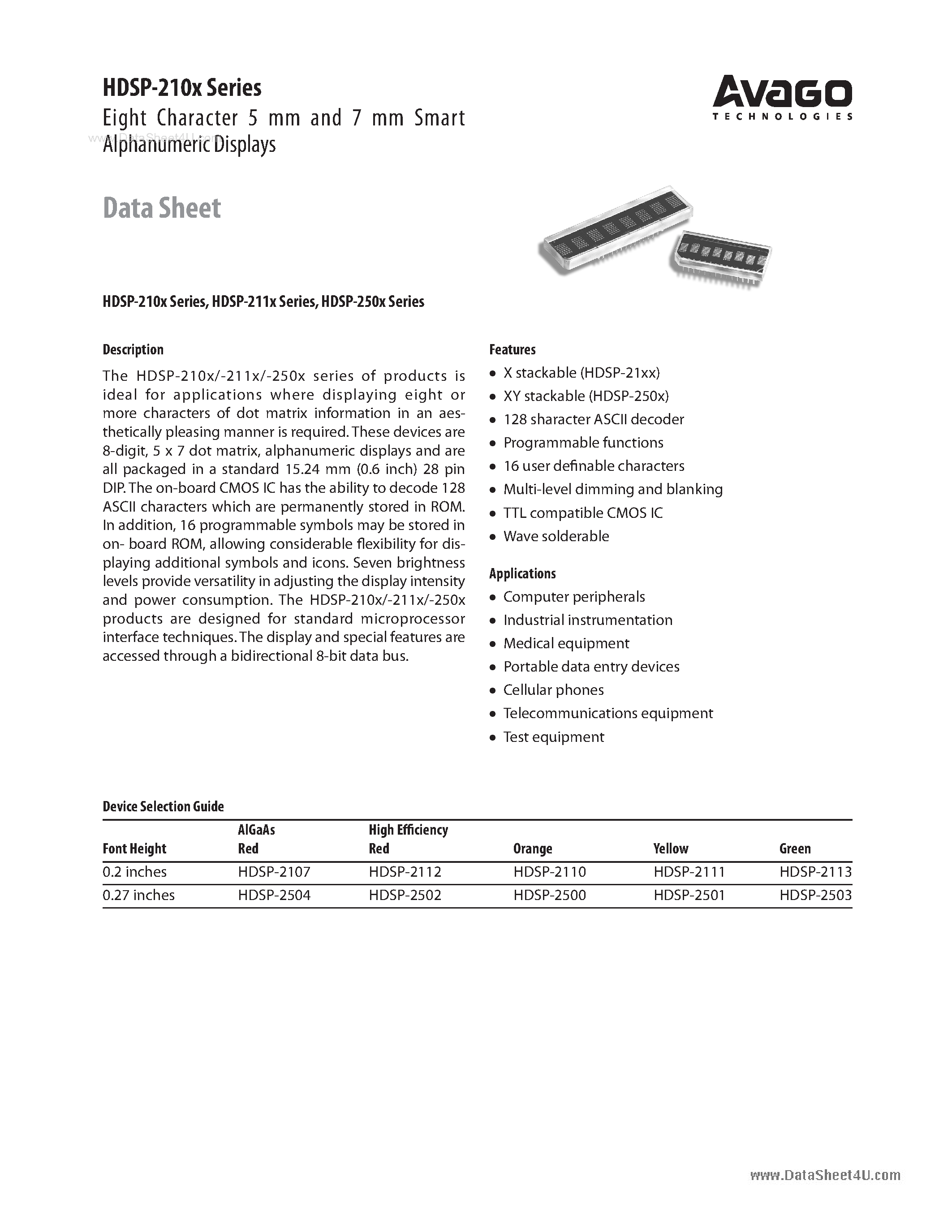 Datasheet HDSP-210X - Eight Character 5 mm and 7 mm Smart Alphanumeric Displays page 1