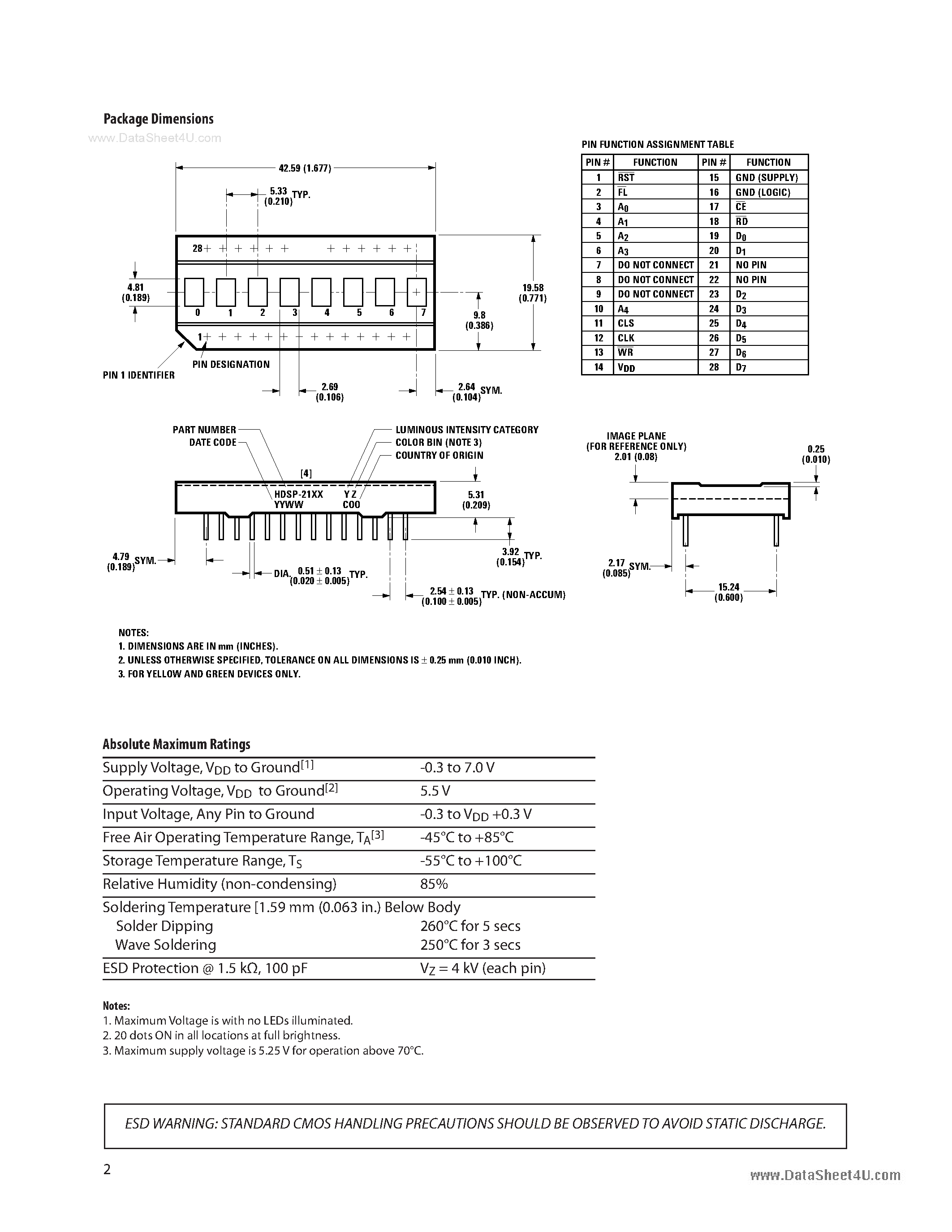 Datasheet HDSP-210X - Eight Character 5 mm and 7 mm Smart Alphanumeric Displays page 2