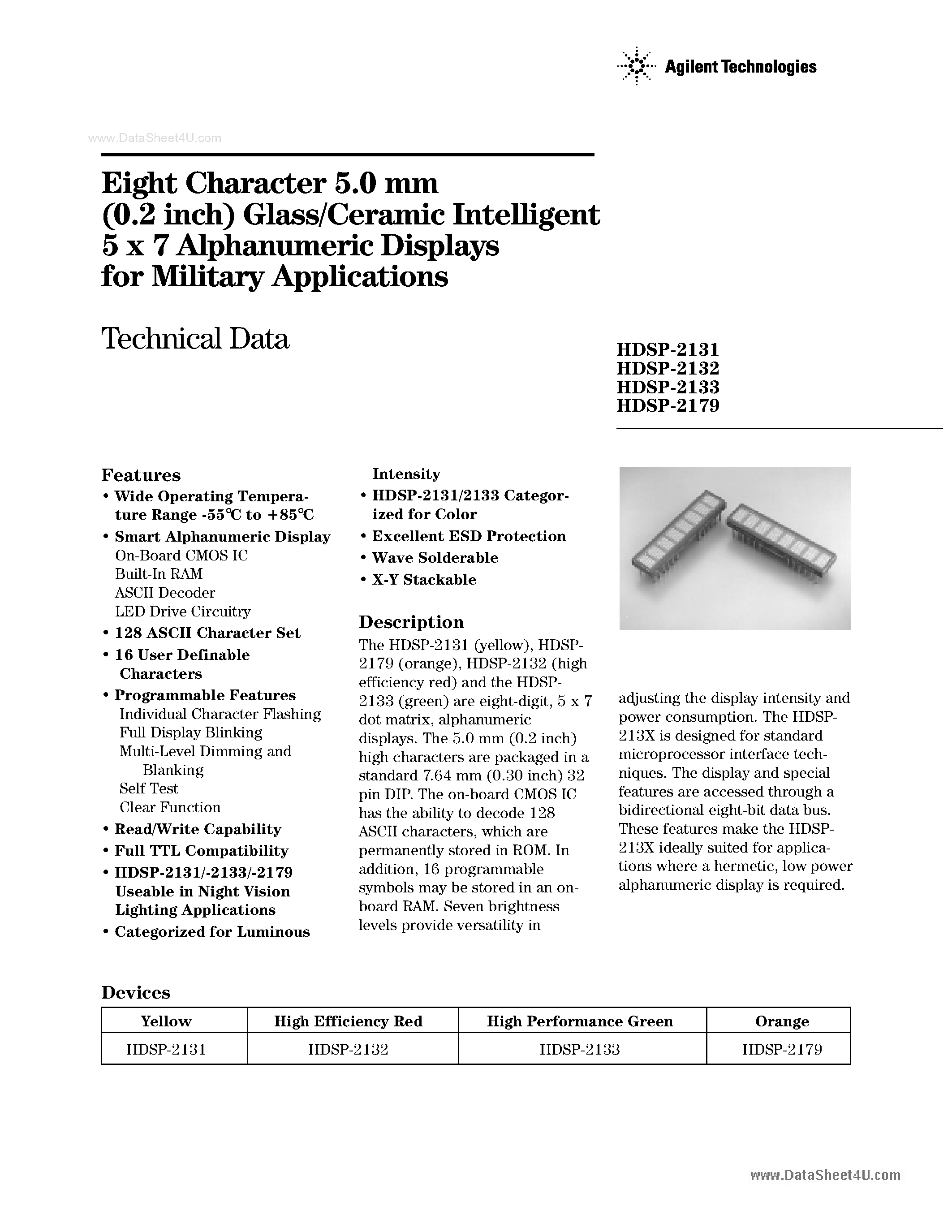 Datasheet HDSP-2131 - (HDSP-21xx) Eight Character 5.0 mm (0.2 inch) Glass/Ceramic Intelligent 5 X 7 Alphanumeric Displays page 1