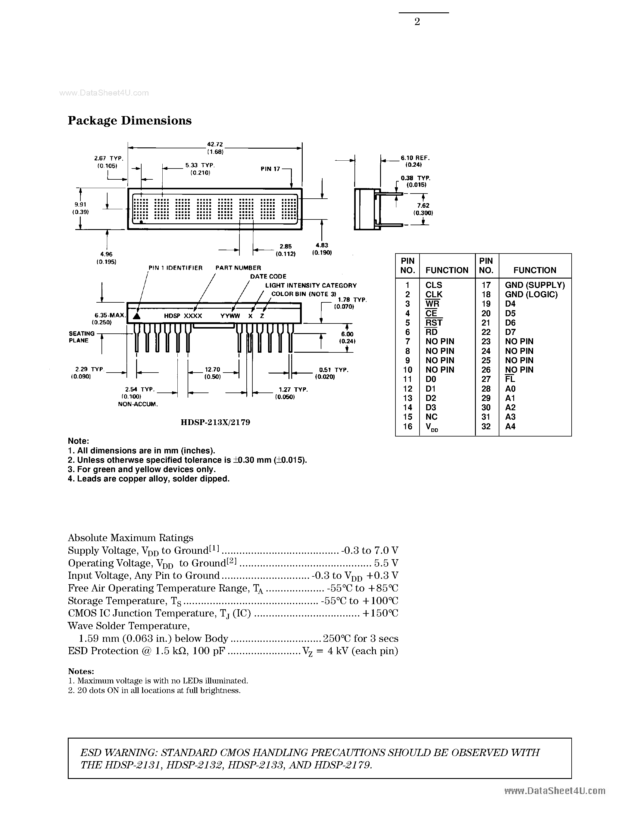 Datasheet HDSP-2131 - (HDSP-21xx) Eight Character 5.0 mm (0.2 inch) Glass/Ceramic Intelligent 5 X 7 Alphanumeric Displays page 2