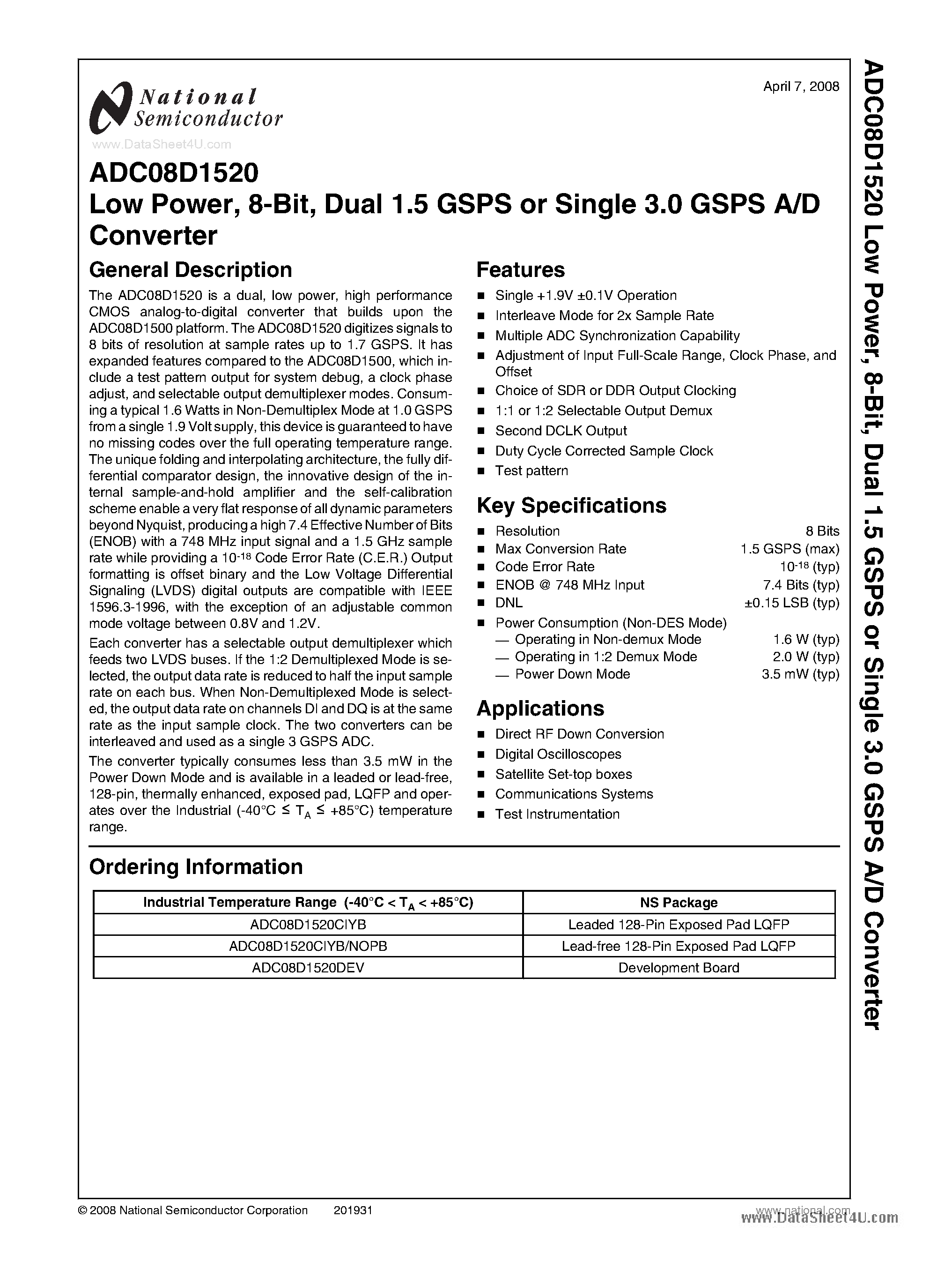Datasheet ADC08D1520 - Dual 1.5 GSPS or Single 3.0 GSPS A/D Converter page 1