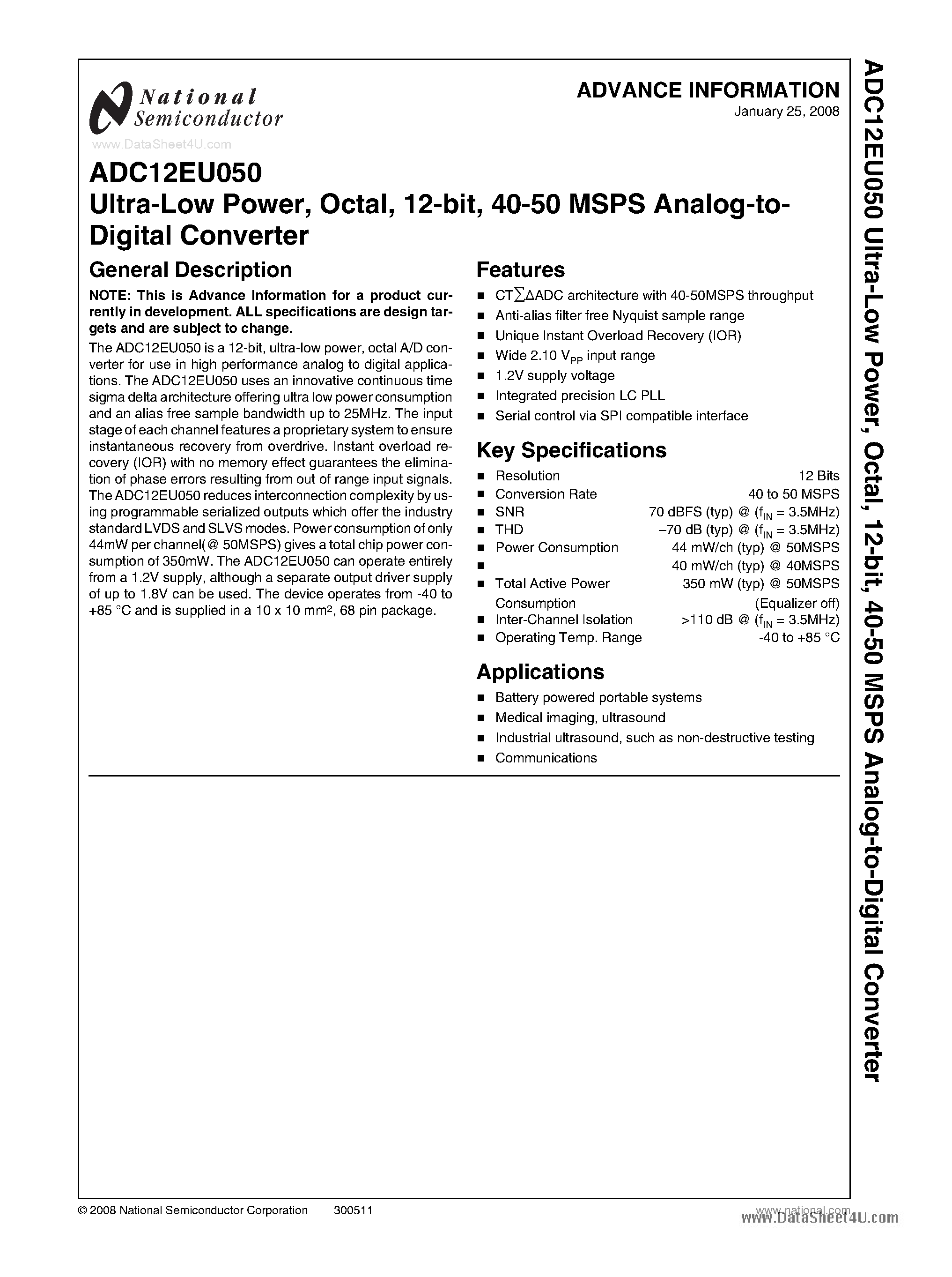 Datasheet ADC12EU050 - 40-50 MSPS Analog-to-Digital Converter page 1