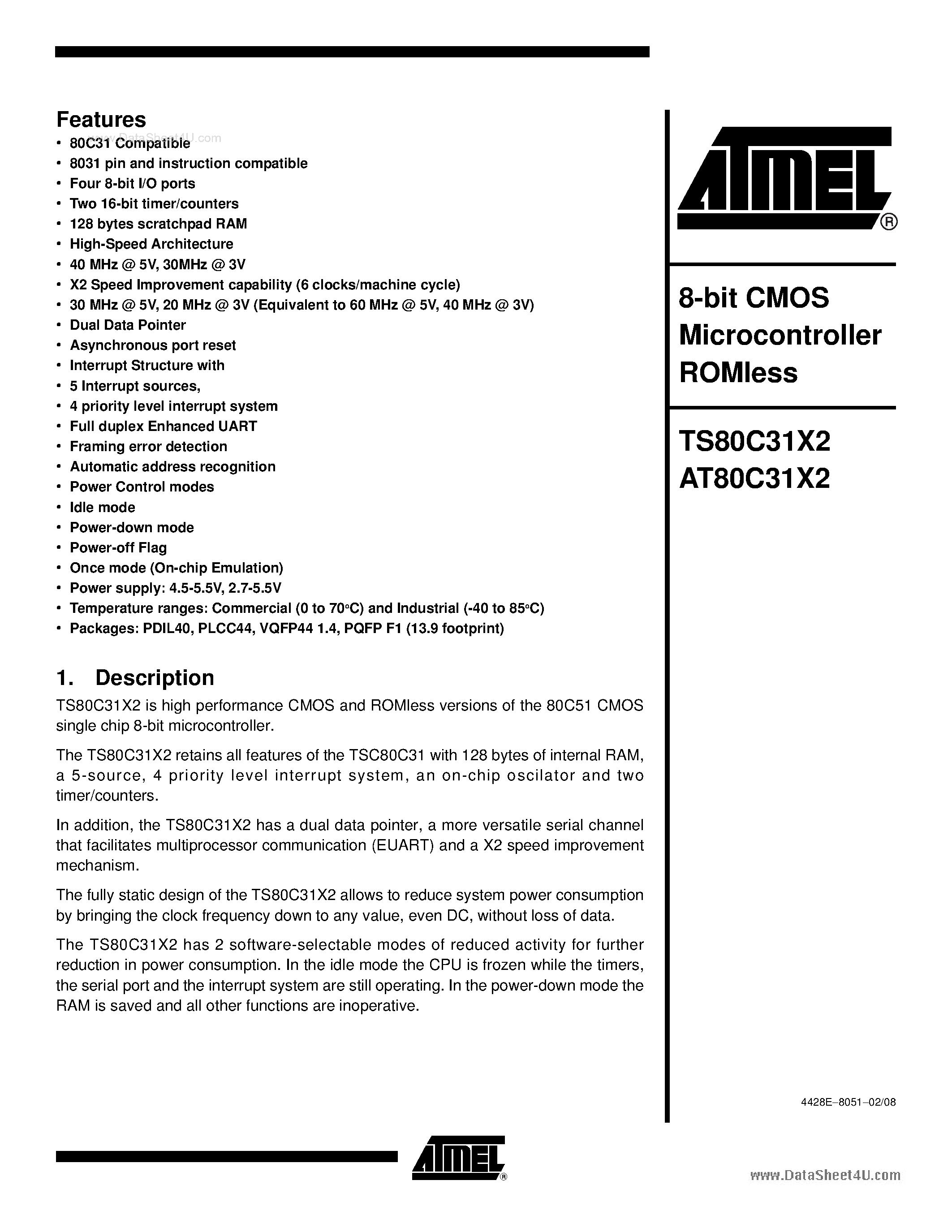 Datasheet AT80C31X2 - 8-bit CMOS Microcontroller ROMless page 1