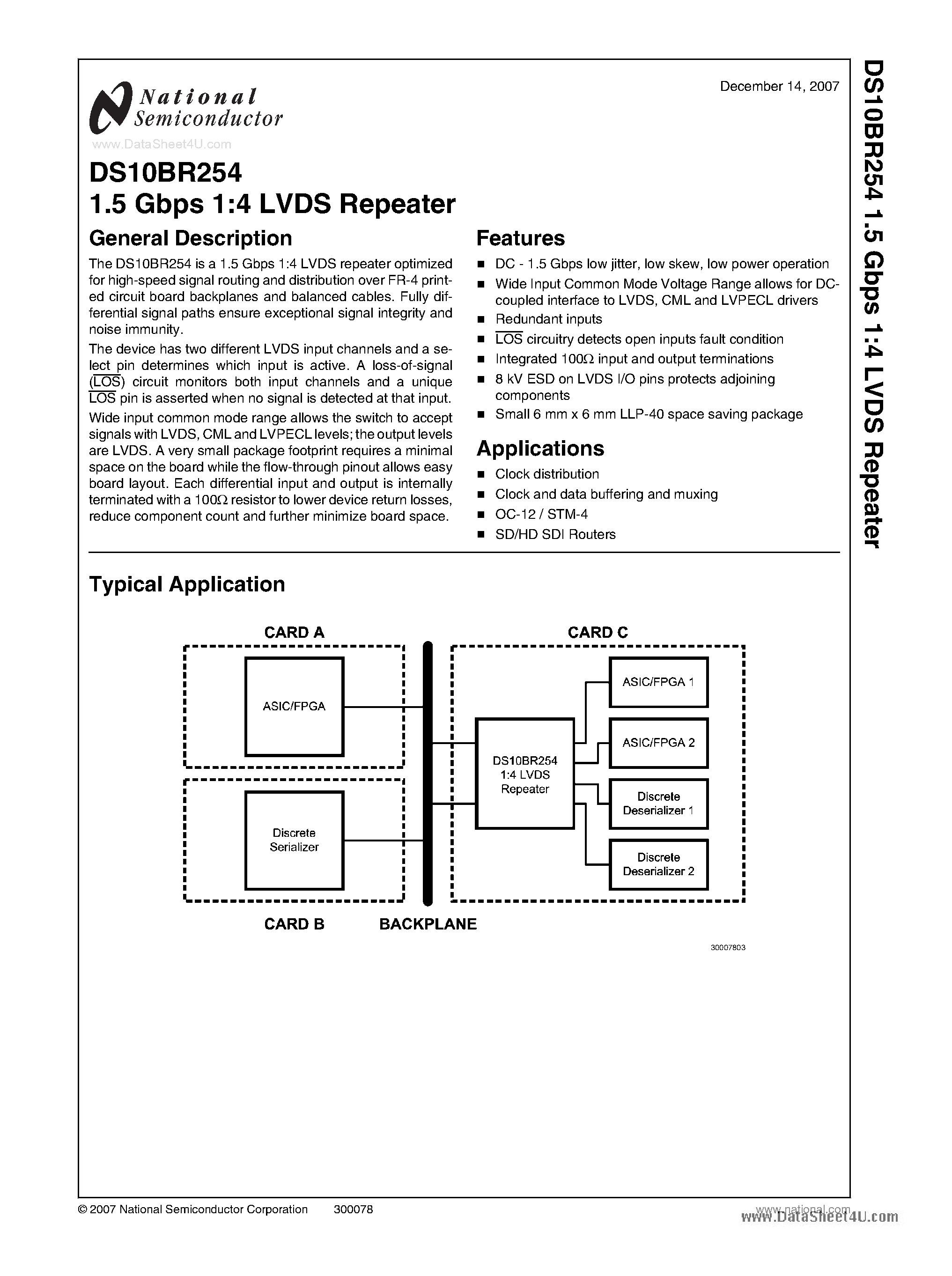 Datasheet DS10BR254 page 1 Datasheet DS10BR254 - 1.5 Gbps 1:4 LVDS Repeater page 1