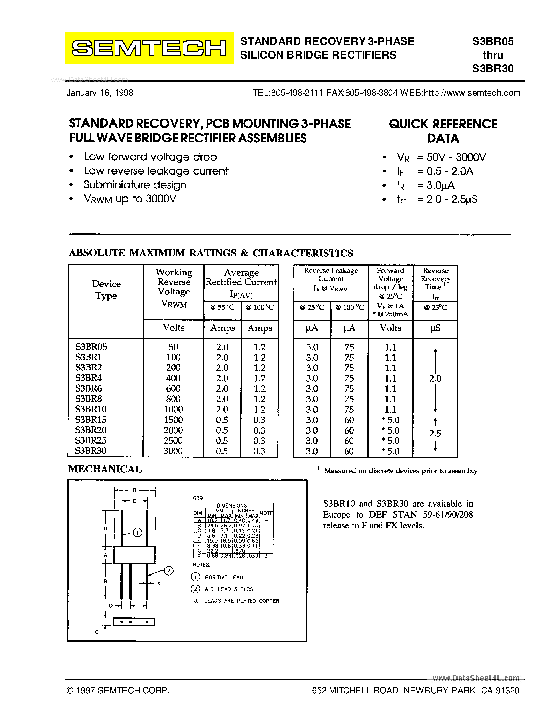Datasheet S3BR05 - (S3BR05 - S3BR30) STANDARD RECOVERY 3-PHASE SILICON BRIDGE RECTIFIERS page 1