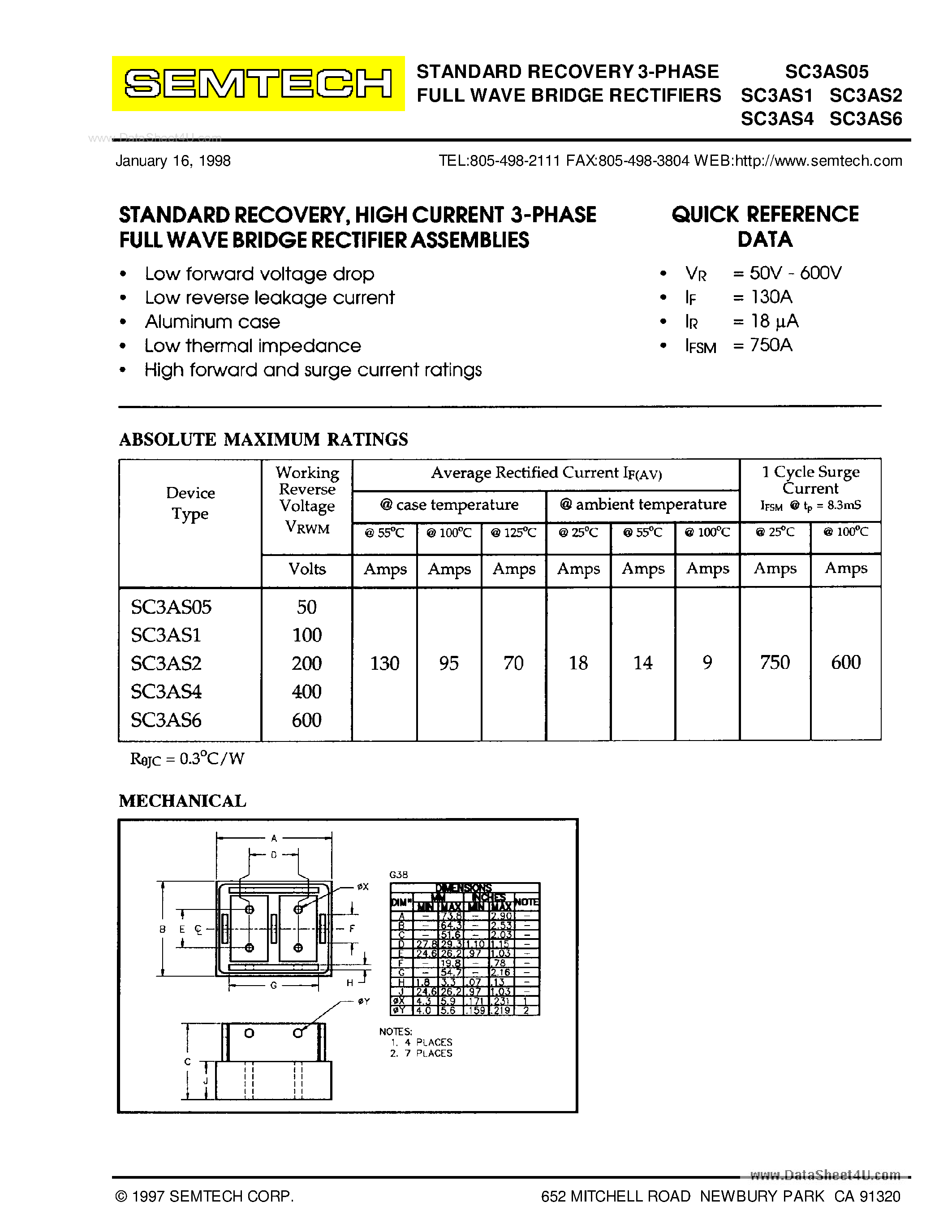 Datasheet SC3ASxx - STANDARD RECOVERY 3-PHASE FULL WAVE BRIDGE RECTIFIERS page 1