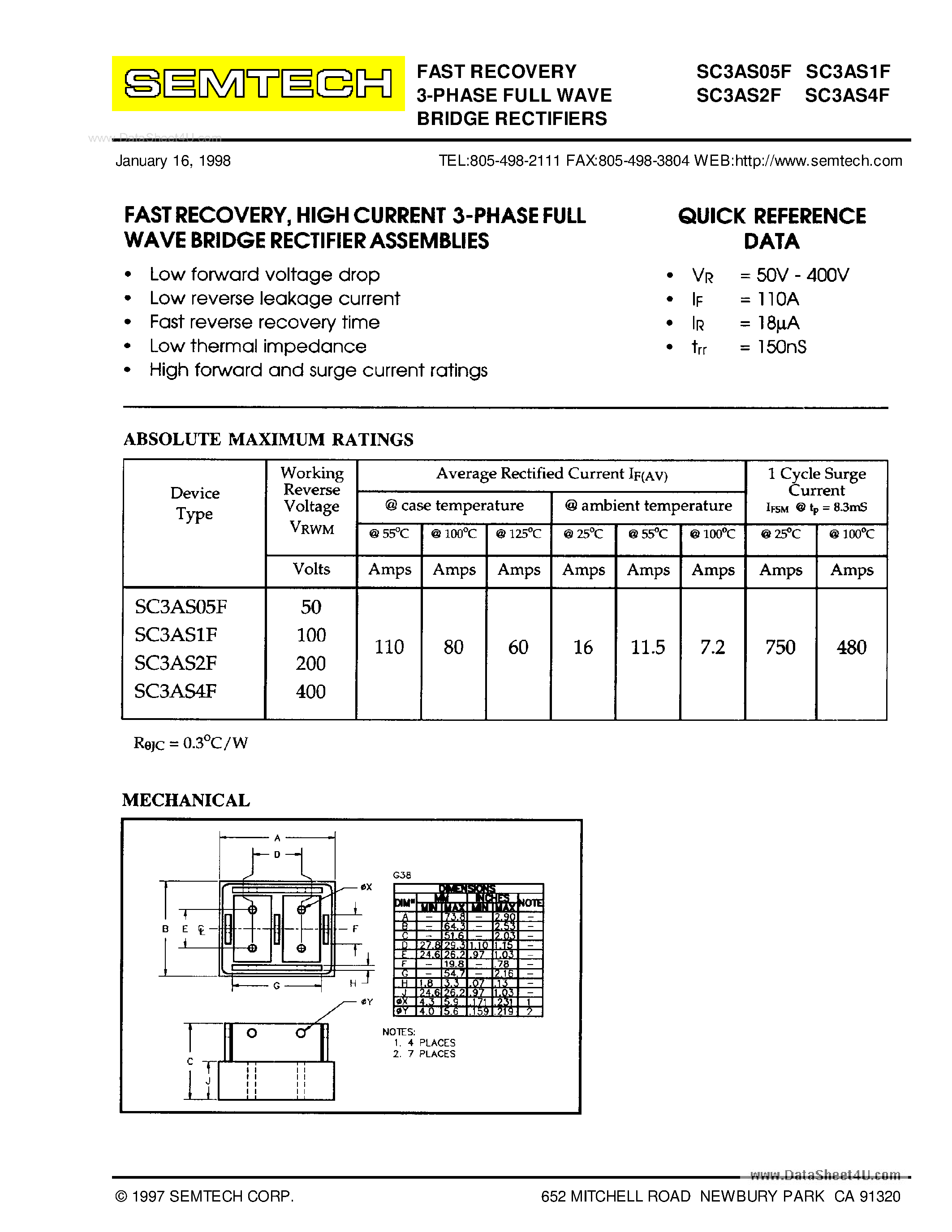 Datasheet SC3ASxxF - STANDARD RECOVERY 3-PHASE FULL WAVE BRIDGE RECTIFIERS page 1