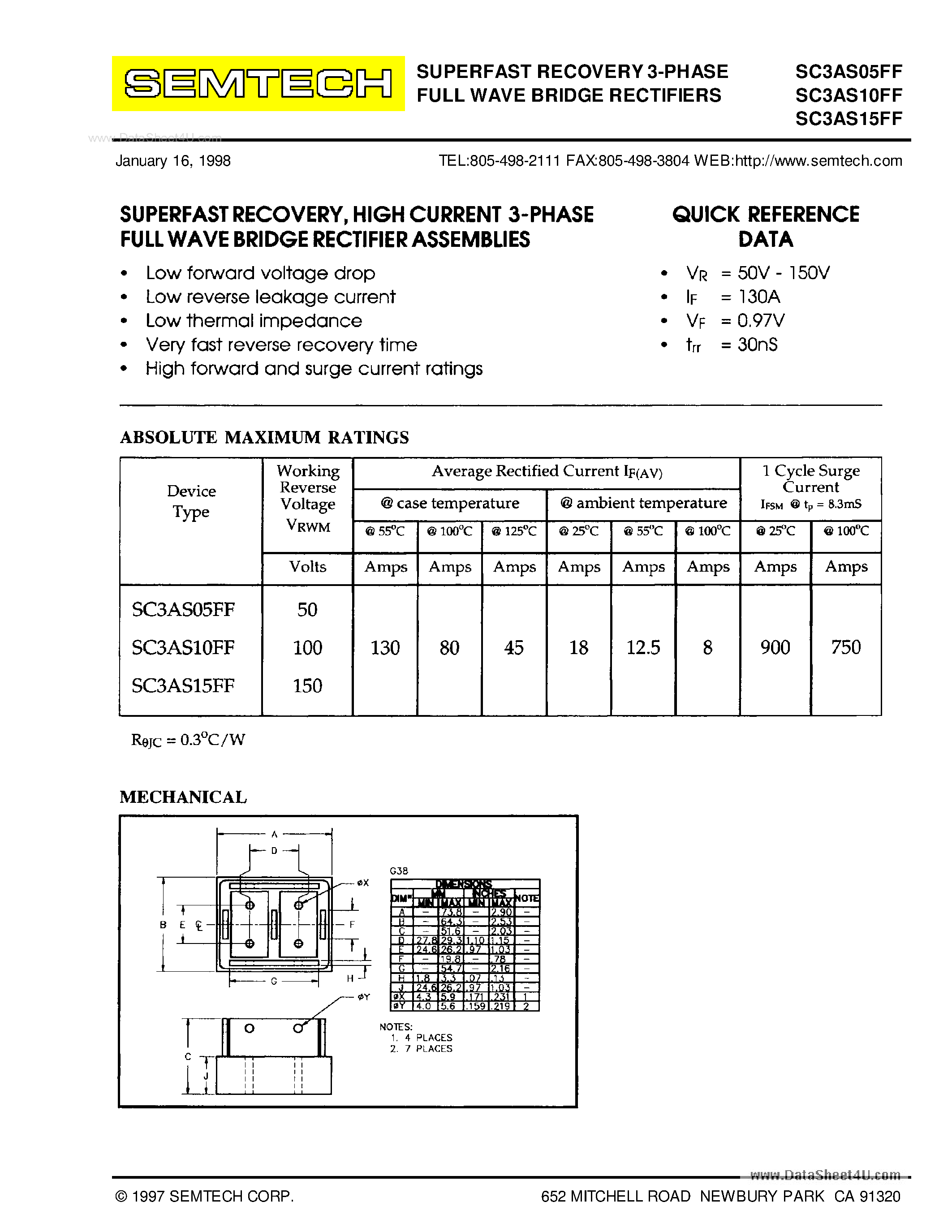 Datasheet SC3ASxxFF - STANDARD RECOVERY 3-PHASE FULL WAVE BRIDGE RECTIFIERS page 1