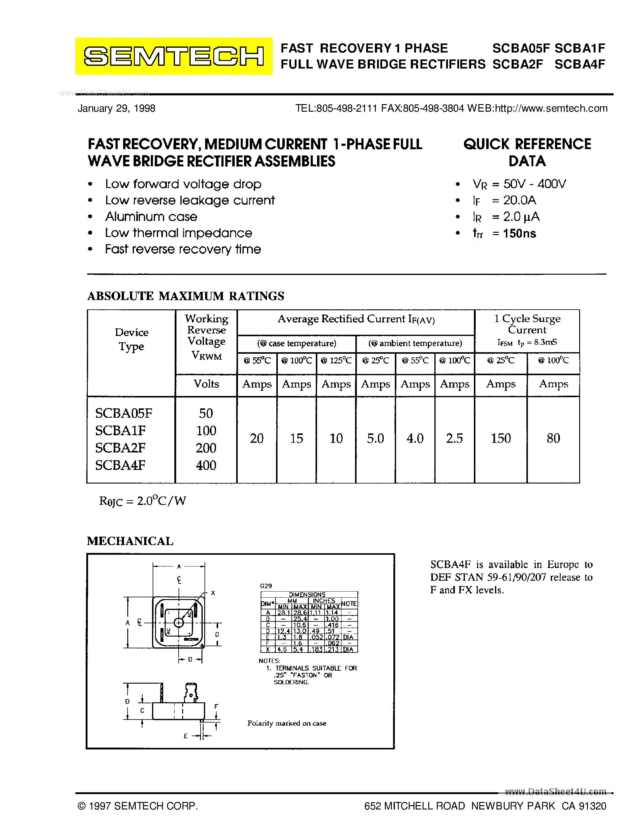 Datasheet SCBAxxF - FAST RECOVERY 1 PHASE FULL WAVE BRIDGE RECTIFIERS page 1