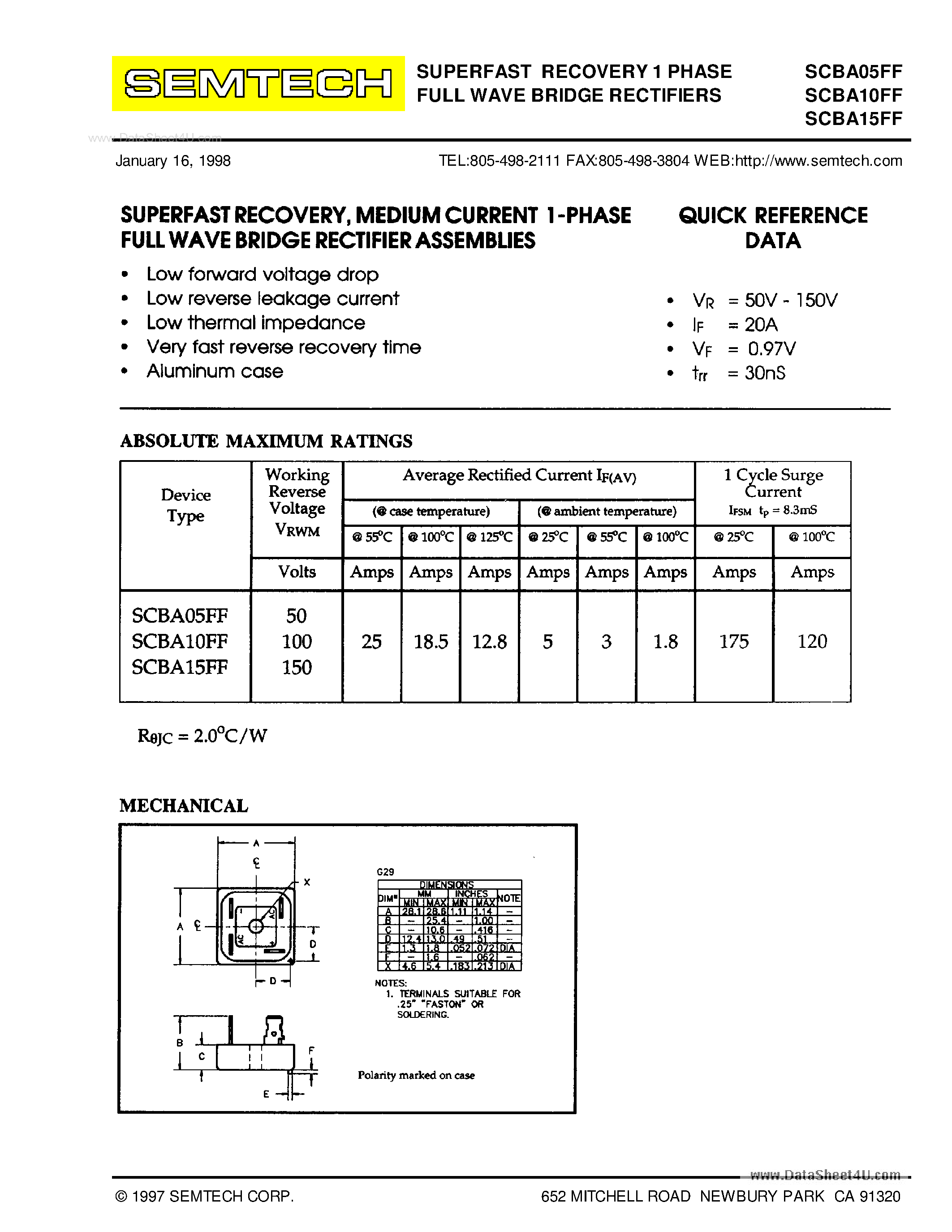 Datasheet SCBAxxFF - FAST RECOVERY 1 PHASE FULL WAVE BRIDGE RECTIFIERS page 1