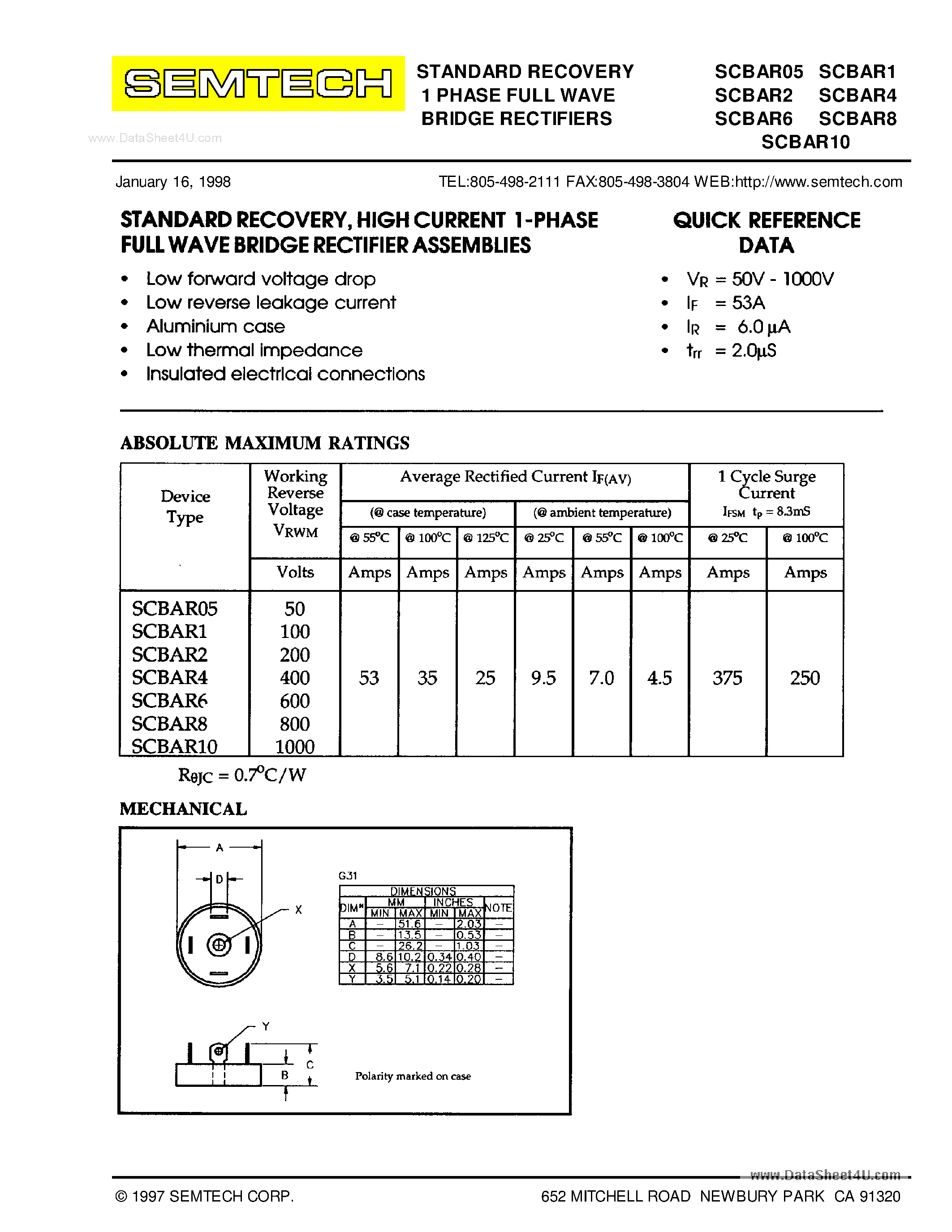 Datasheet SCBARxx - STANDARD RECOVERY 1 PHASE FULL WAVE BRIDGE RECTIFIERS page 1